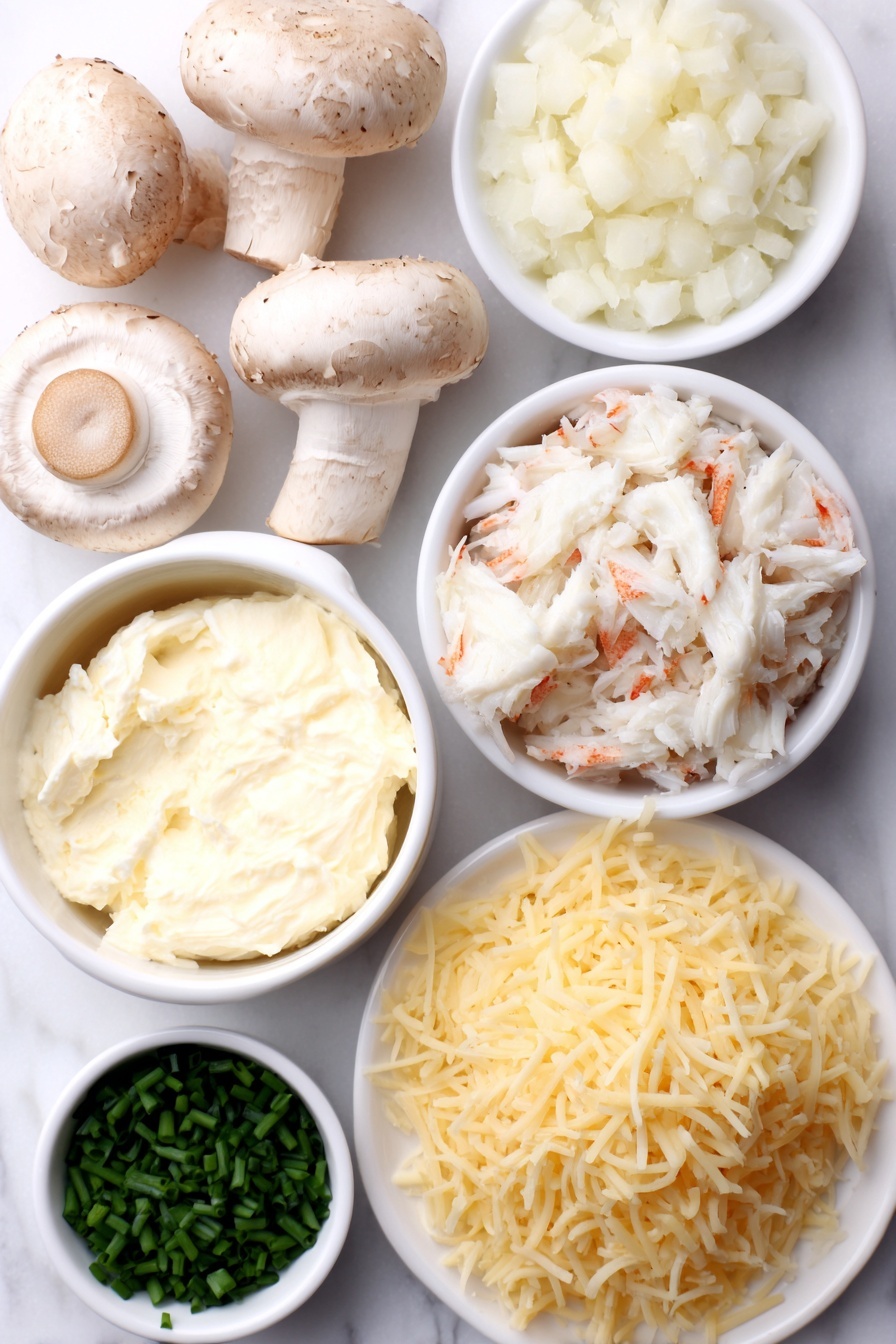Flat lay of fresh whole white button mushrooms with stems removed, a small pat of creamy butter, finely diced white onion in a small white bowl, minced garlic cloves beside the bowl, fresh lump crab meat arranged delicately on a white ceramic plate, a small white bowl of softened cream cheese, shredded Monterey Jack cheese loosely piled on a white dish, finely grated Parmesan cheese in a tiny white bowl, a few vibrant green sliced chives scattered neatly on the surface, and a small white bowl of golden panko breadcrumbs, all arranged symmetrically on a clean white marble surface, soft natural light, photo taken with an iPhone, professional food photography style, fresh ingredients, white ceramic bowls, no bottles, no duplicates, no utensils, no packaging --ar 2:3 --v 7 --p m7354615311229779997 - Crab Stuffed Mushrooms, Elegant appetizer with crab, Easy seafood appetizer, Cheesy stuffed mushrooms, Party finger foods