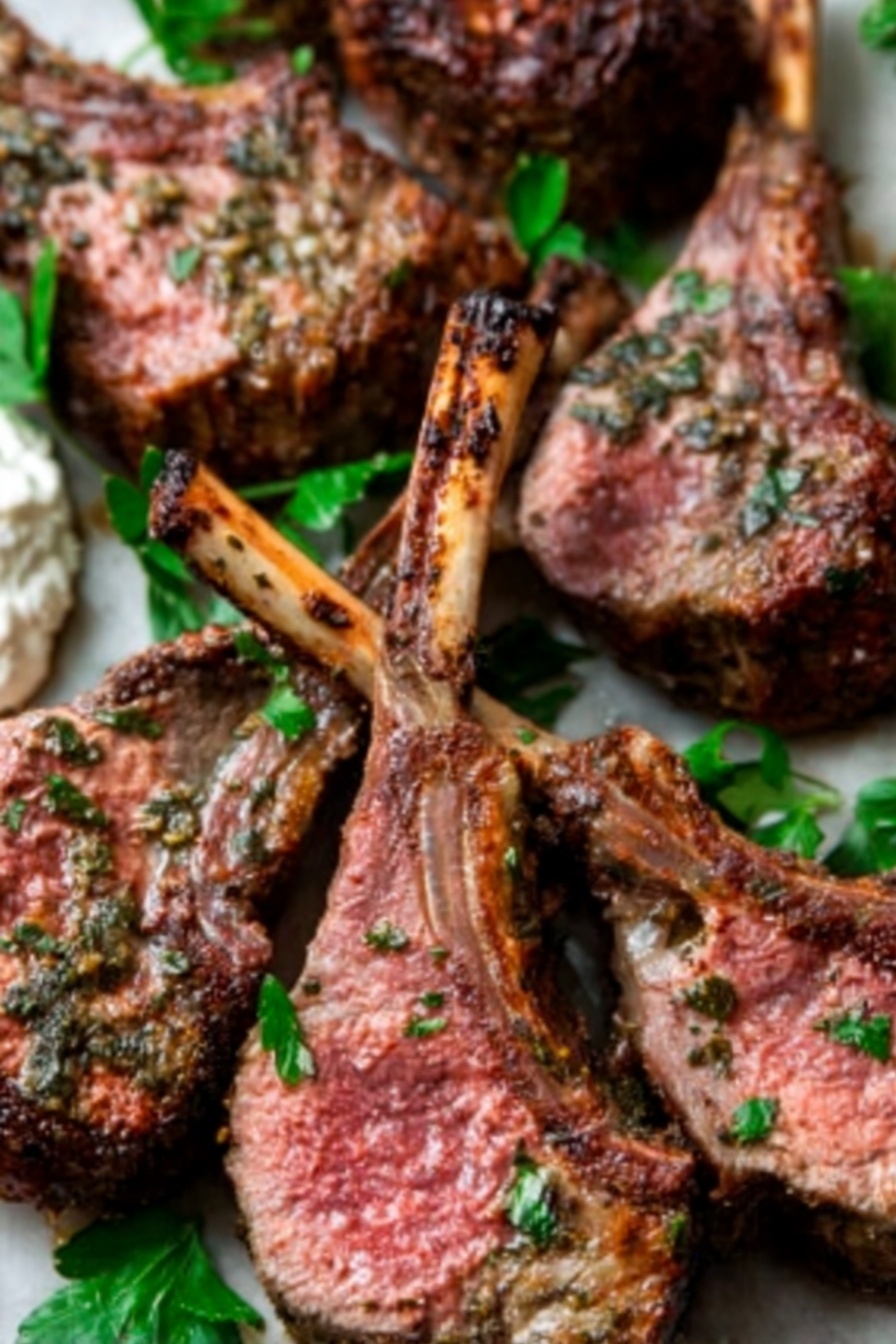 A white plate holds multiple cooked lamb chops arranged closely with their bones pointing outward, showing a mix of brown and pink tones on the meat with a textured herb coating on the surface. The lamb chops are thick with a juicy, tender interior and slightly crispy edges. Small green parsley leaves are scattered around the plate, adding a fresh contrast. In the background, there is a white bowl containing a white sauce with small green herb pieces, all set on a white marbled surface. Photo taken with an iphone --ar 2:3 --v 7 - Garlic Herb Roast Rack of Lamb, Roast Rack of Lamb recipe, Garlic herb lamb marinade, Elegant lamb dinner, Easy rack of lamb recipe