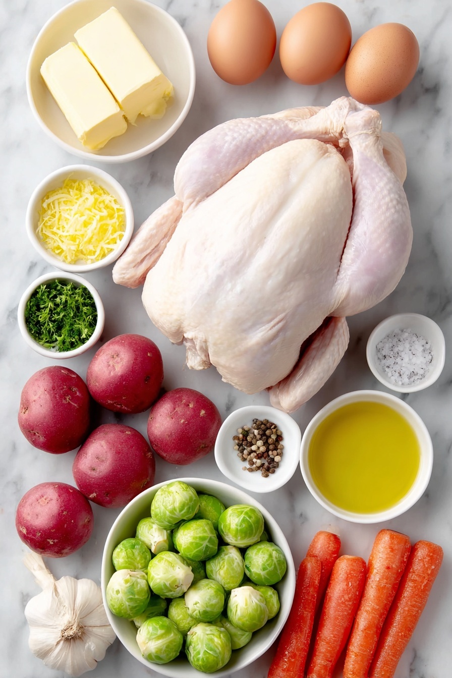Flat lay of a whole raw chicken with pale pink skin, two whole brown eggs with clean shells, a small white bowl of softened pale yellow butter, a small white bowl of golden olive oil, a small white bowl of bright green finely chopped parsley, two whole garlic cloves with papery white skin, a small white bowl of fresh yellow lemon zest, a small white bowl of pale yellow lemon juice, a small white bowl of coarse sea salt crystals, a small white bowl of black peppercorns, several medium-sized red potatoes quartered with smooth red skin, three medium peeled orange carrots quartered lengthwise, a handful of bright green halved Brussels sprouts, all arranged symmetrically on simple white ceramic bowls and plates, placed on a clean white marble surface, soft natural light, photo taken with an iPhone, professional food photography style, fresh ingredients, white ceramic bowls, no bottles, no duplicates, no utensils, no packaging --ar 2:3 --v 7 --p m7354615311229779997 - Spatchcock Chicken with Herb Butter, roasted chicken, herb butter recipe, easy chicken dinner, juicy roast chicken