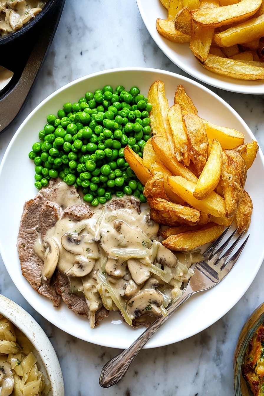 A white round plate holds three main parts: on the left side, two thin slices of cooked meat covered with a creamy beige mushroom and onion sauce, showing visible mushroom slices and onion strands; in the center right, a bright green pile of peas, shiny and round; at the bottom right, a stack of golden-brown potato wedges with crispy edges. A silver fork rests diagonally across the top right edge of the plate on a white marbled surface. Nearby dishes with similar food are partially visible around the plate. photo taken with an iphone --ar 2:3 --v 7 - Creamy Mushroom Hunter's Sauce for Steak, mushroom steak sauce, creamy mushroom sauce recipe, steak topping with mushrooms, easy mushroom sauce for steak