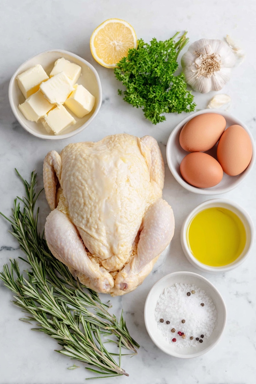 Flat lay of a whole raw chicken with golden skin resting, a few sprigs of fresh rosemary with vibrant green needles, a head of garlic halved horizontally revealing tightly packed cloves, a small bunch of bright green fresh parsley, two lemon wedges with juicy pulp, two brown whole uncracked eggs, a small white bowl filled with clear golden olive oil, a small white bowl with glossy unsalted butter chunks, a small white bowl holding clear golden pan drippings, a small white bowl containing pale white chicken stock, a small white bowl with pale white corn starch powder, a small white bowl of pale amber white wine, coarse sea salt crystals, and freshly cracked black peppercorns artfully scattered, all placed on a clean white marble surface, soft natural light, photo taken with an iPhone, professional food photography style, fresh ingredients, white ceramic bowls, no bottles, no duplicates, no utensils, no packaging --ar 2:3 --v 7 --p m7354615311229779997 - Cast Iron Roast Chicken with Pan Gravy, crispy skin roast chicken, juicy cast iron roasted chicken, easy cast iron chicken recipe, best roasted chicken recipe
