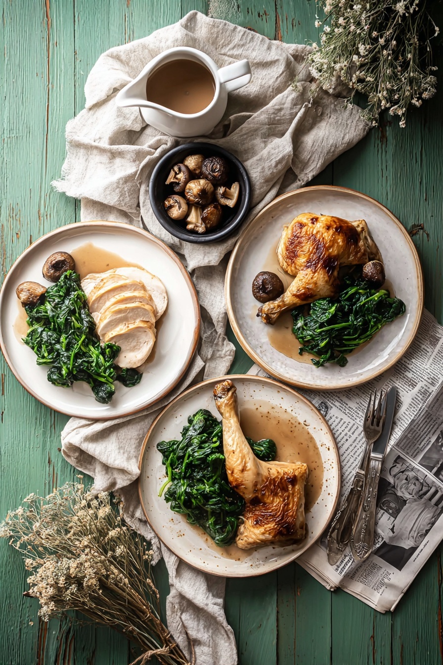 Three white plates sit on a green wooden surface, each with cooked chicken, steamed spinach, and a small black bowl of roasted mushrooms. The top right plate has a whole chicken leg with brown skin, green spinach on the lower side, and the mushroom bowl beside the leg. The plate on the left shows a chicken leg with three sliced pieces facing the spinach. The bottom plate displays several slices of chicken breast with a pile of spinach next to it, and the black bowl of mushrooms rests on the plate edge. A light beige cloth is loosely placed near the top center, and a white ceramic sauce pitcher filled with brown gravy rests on a folded newspaper near the bottom right, with two forks lying nearby. Dried plants decorate the upper left corner. photo taken with an iphone --ar 2:3 --v 7 - Cast Iron Roast Chicken with Pan Gravy, crispy skin roast chicken, juicy cast iron roasted chicken, easy cast iron chicken recipe, best roasted chicken recipe