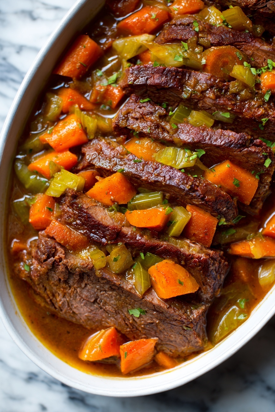 The image shows a close-up of a stew with several layers of tender brown meat slices on the bottom, covered by a thick layer of cooked orange carrot pieces and green celery chunks. The dish is filled with a rich, glossy brown sauce that coats all the ingredients, creating a warm and hearty appearance. The background surface is a white marbled texture. photo taken with an iphone --ar 2:3 --v 7 - Jewish-Style Braised Brisket, braised brisket recipe, tender brisket, holiday dinner ideas, slow cooker brisket
