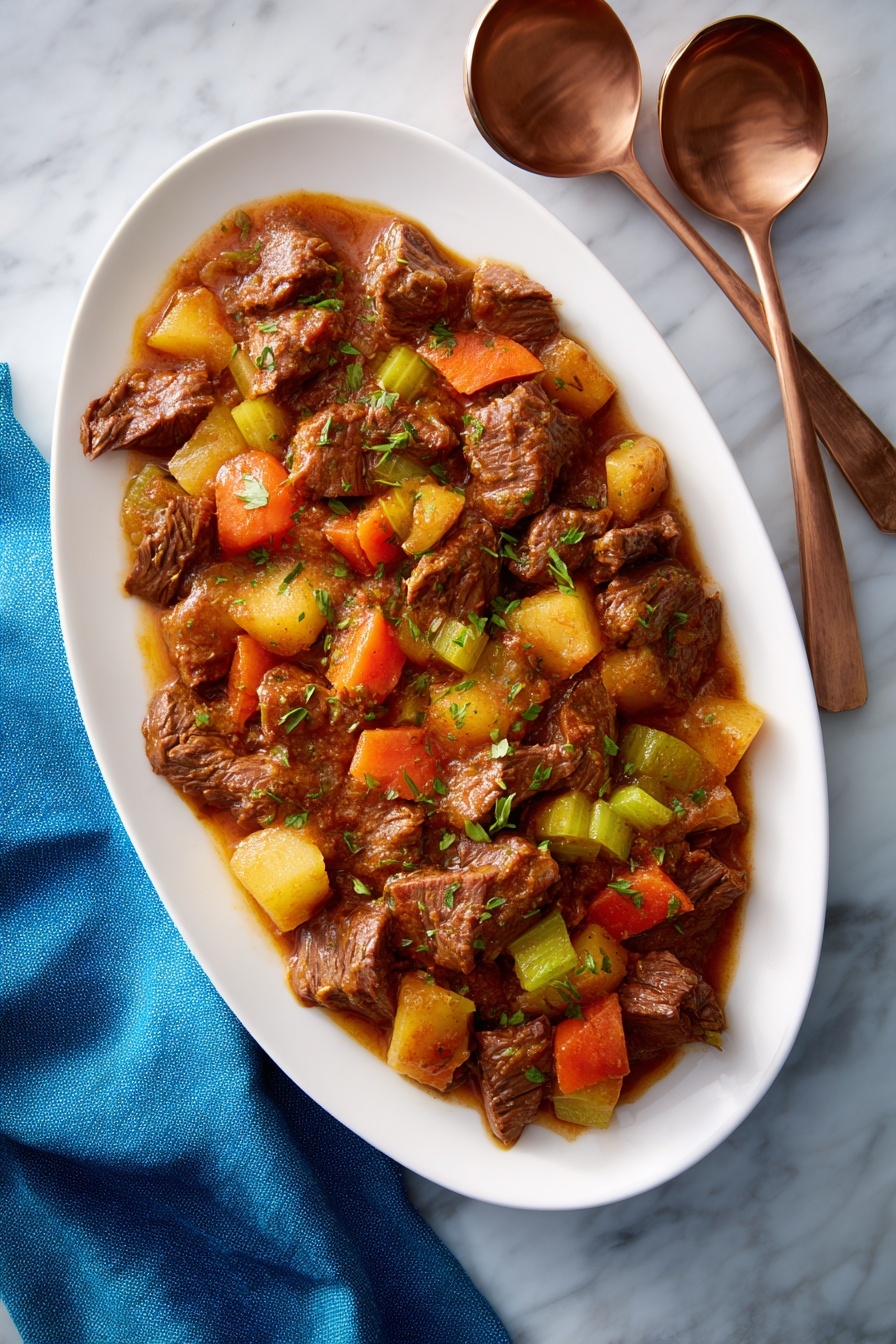 A white oval plate holds a stew made of brown cooked meat pieces mixed with soft orange carrot chunks and pale green celery pieces, all covered in a thick brown sauce with visible small green herb bits on top. The dish sits on a white marbled surface with a blue cloth napkin and two copper serving spoons nearby. photo taken with an iphone --ar 2:3 --v 7 - Jewish-Style Braised Brisket, braised brisket recipe, tender brisket, holiday dinner ideas, slow cooker brisket