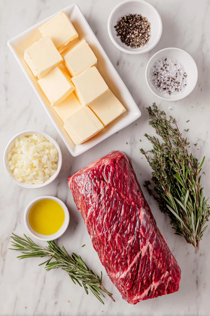 Flat lay of a whole trimmed beef tenderloin, two small neat piles of coarse salt and freshly ground black pepper, a small white bowl of golden avocado oil, a white ceramic dish with three softened salted butter cubes, a small white bowl of finely minced fresh garlic, a small white bowl with smooth creamy prepared horseradish, a few sprigs of fresh rosemary with some leaves minced and scattered, all arranged symmetrically on a clean white marble surface, soft natural light, photo taken with an iPhone, professional food photography style, fresh ingredients, white ceramic bowls, no bottles, no duplicates, no utensils, no packaging --ar 2:3 --v 7 --p m7354615311229779997 - Perfect Roast Beef Tenderloin, roast beef tenderloin recipe, elegant beef roast, juicy beef tenderloin, easy gourmet beef dish