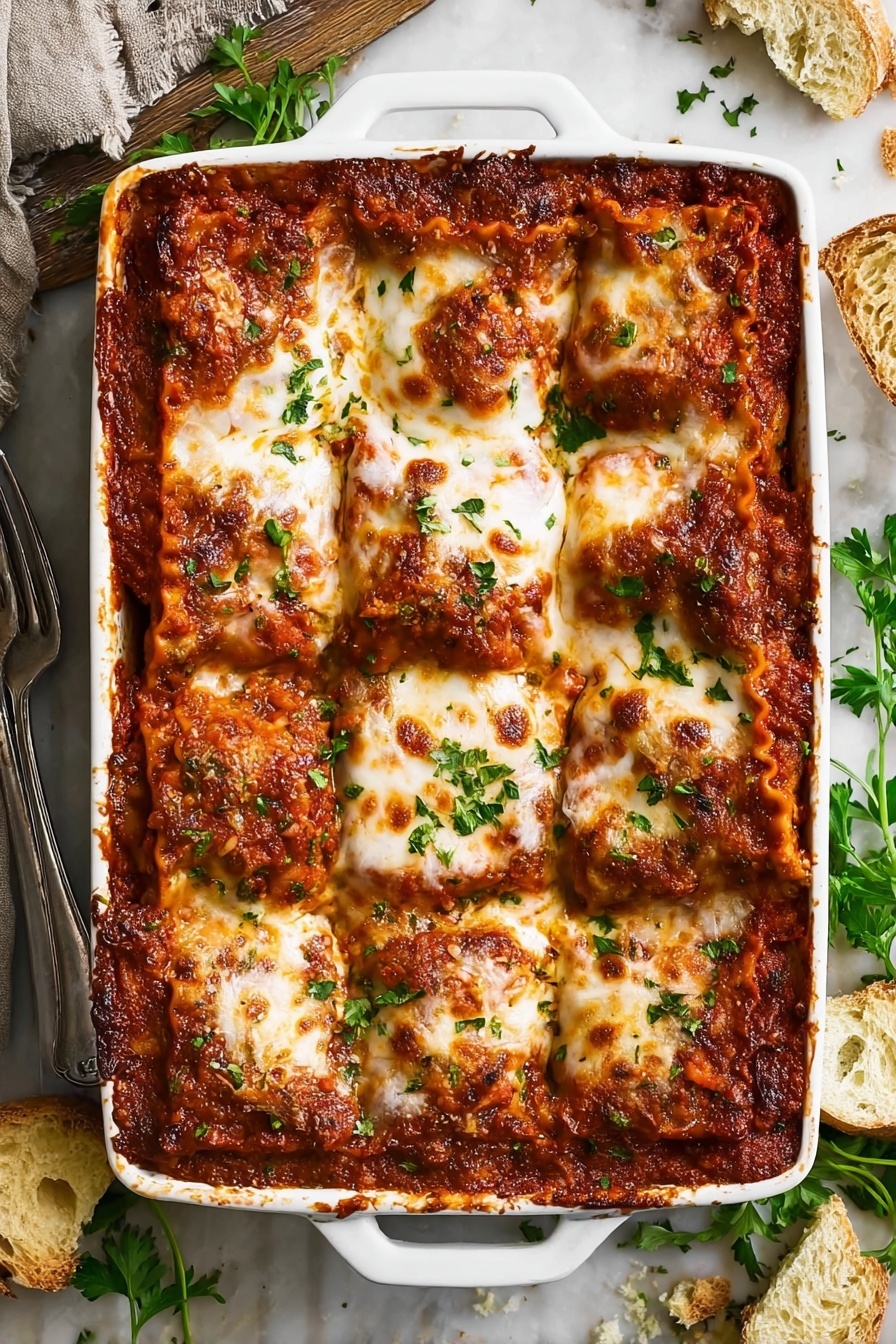 A white rectangular baking dish filled with a nine-piece baked lasagna sits on a white marbled surface, each piece topped with a golden brown melted cheese layer that looks slightly bubbly and crispy around the edges. Below the cheese is a rich red tomato sauce visible around the edges and between the layers, with hints of a thick, meaty filling creating a textured, hearty look under the cheese. Fresh green parsley is sprinkled on top for a touch of color and freshness. Pieces of torn bread and some fresh green herbs surround the dish, adding a rustic feel to the scene. A vintage fork rests to the side, enhancing the homemade vibe. photo taken with an iphone --ar 2:3 --v 7 - Best Homemade Lasagna, homemade lasagna recipe, Italian lasagna, cheesy lasagna, comforting lasagna dinner