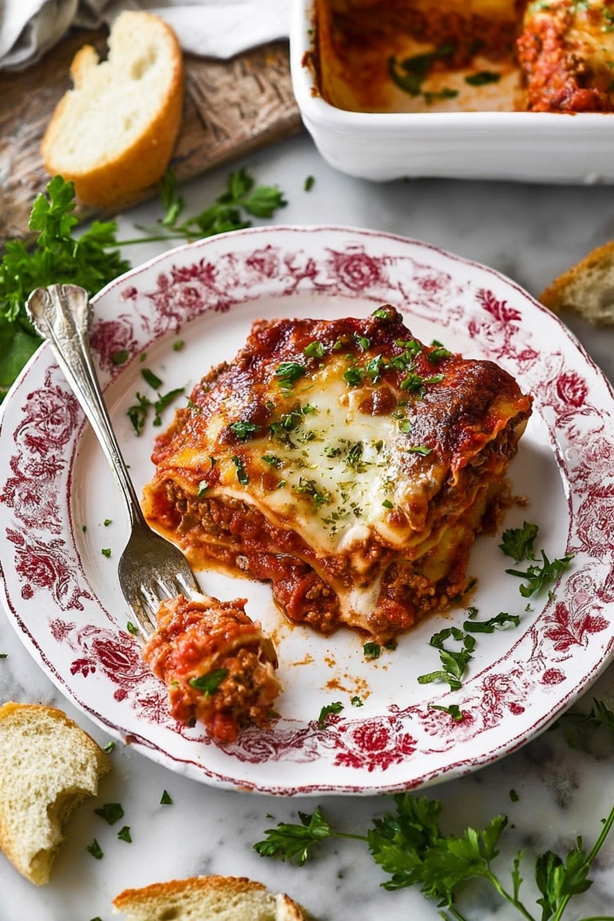 A single square piece of lasagna sits on a white plate with red floral patterns. The lasagna has four visible layers: the top layer is melted golden-brown cheese with some browned spots, below is a thick layer of bright red tomato sauce mixed with meat, followed by a creamy layer of melted cheese, and a base layer of pasta sheets with sauce. Small pieces of chopped green herbs are sprinkled on top for garnish. Next to the lasagna, a fork holds a bite-sized piece with sauce dripping off. Around the plate are torn pieces of white bread and green parsley leaves scattered, all placed on a white marbled surface. In the top right corner, a white casserole dish filled with more lasagna is partially shown. Photo taken with an iphone --ar 2:3 --v 7 - Best Homemade Lasagna, homemade lasagna recipe, Italian lasagna, cheesy lasagna, comforting lasagna dinner