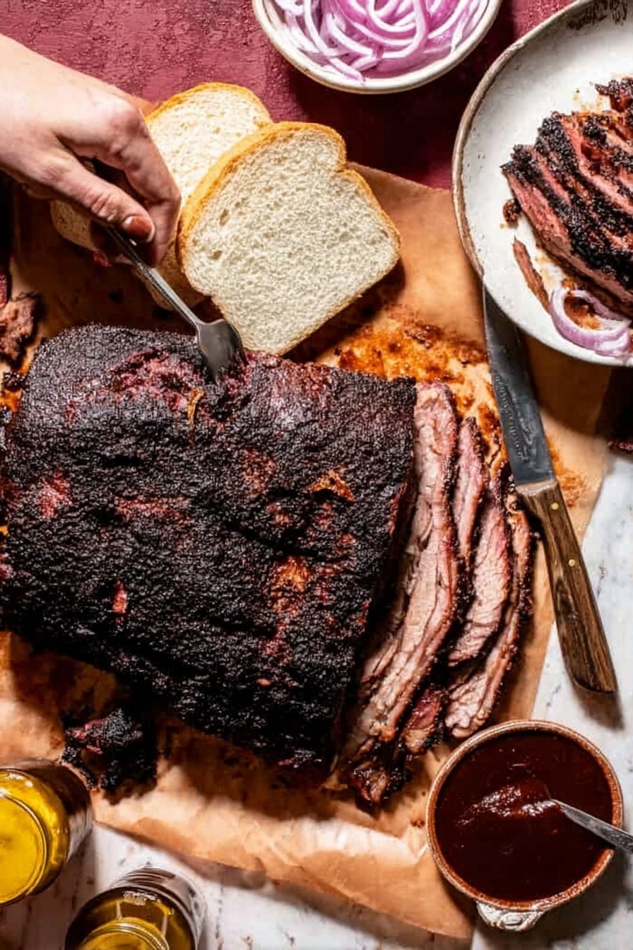 A large piece of dark, grilled meat with a textured, crispy outer layer lies on brown parchment paper, covering most of the white marbled surface. To the top right, thin rings of pale purple onions sit in a small white bowl. Next to the meat, on the left, are five slices of soft, white bread stacked loosely. A woman's hand holds a fork stabbing the meat from the left side, while a knife slices it nearby. On the far right, a white plate holds two pieces of the sliced meat with a small amount of dark sauce beside them. A small bowl filled with thick, dark reddish-brown sauce is placed near the bottom right corner. Photo taken with an iphone --ar 2:3 --v 7 - Texas Smoked Brisket, smoked brisket recipe, Texas BBQ brisket, smoky beef brisket, how to make smoked brisket