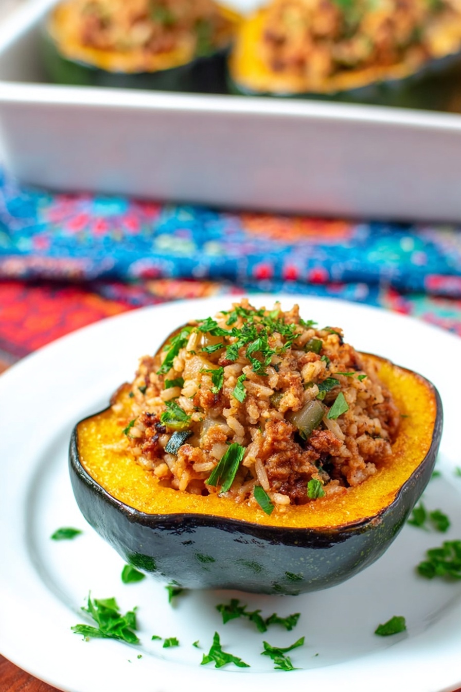 A white plate on a white marbled surface holds one half of a dark green acorn squash filled with a brown and beige rice mixture that includes small bits of vegetables and ground meat, topped with chopped green parsley leaves scattered on top and around the plate. The squash skin frames the bright yellow-orange cooked flesh underneath the rice stuffing. In the blurred background, there is a white baking dish holding other stuffed acorn squash halves. The plate rests on a colorful blue, red, and white patterned cloth. photo taken with an iphone --ar 2:3 --v 7 - Moroccan Stuffed Acorn Squash, stuffed acorn squash with spices, healthy stuffed winter squash, easy stuffed acorn squash recipe, flavorful stuffed squash dish