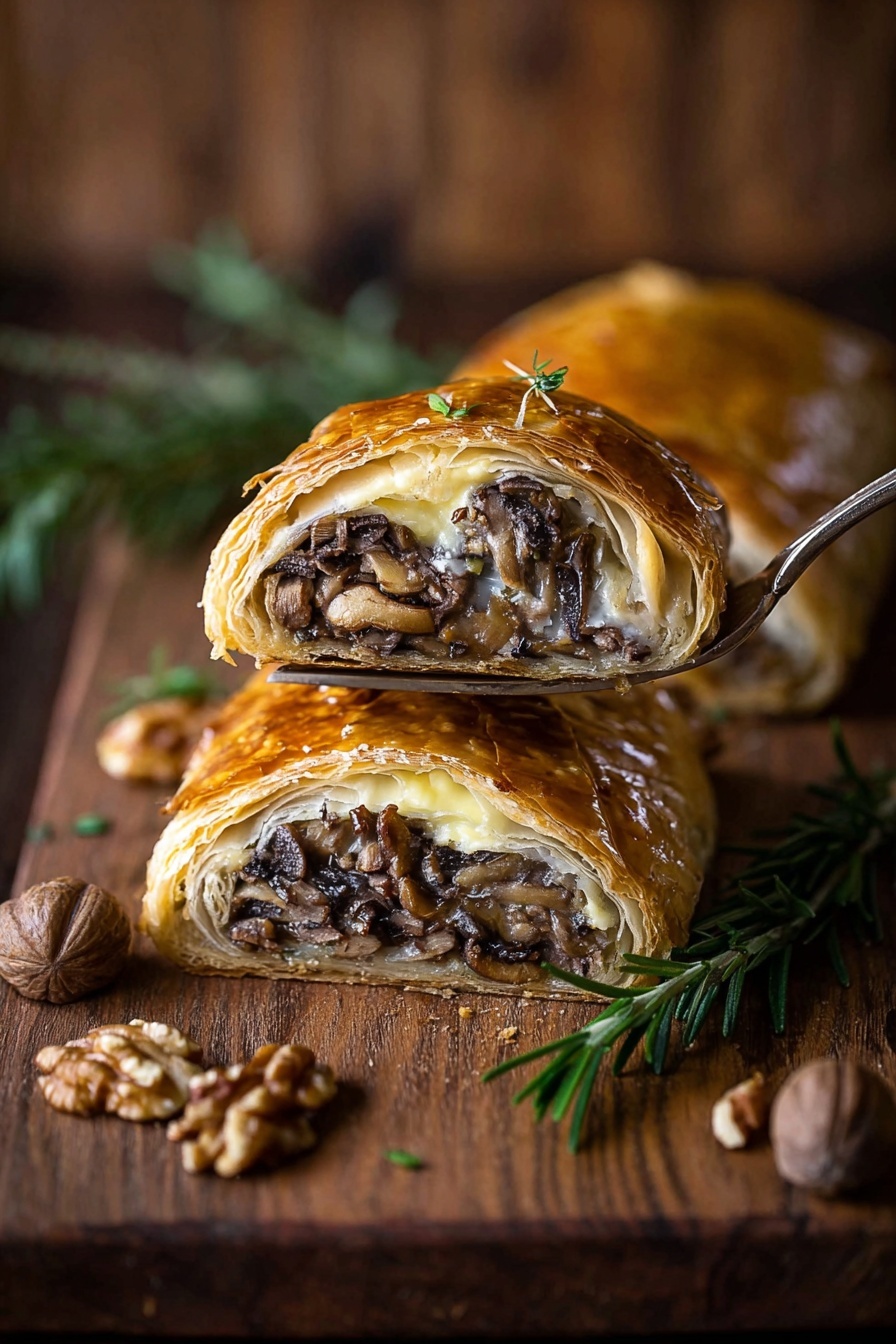 A golden-brown puff pastry filled with a dark mushroom mixture is shown on a wooden board. The whole pastry is cut into two pieces, with each piece revealing layers of flaky crust and a moist, textured mushroom filling inside. Two small sprigs of fresh green rosemary rest on top of the pastry and the cut pieces. Near the bottom right of the board, a small pile of brown pecan nuts adds contrast. A golden spatula is placed under one pastry slice on the left, and a navy blue cloth is to the upper left. The background is a white marbled texture photo taken with an iphone --ar 2:3 --v 7 - Vegan Mushroom Wellington Pecan Filling, vegan savory Wellington, plant-based mushroom Wellington, holiday vegan appetizer, vegan puff pastry dish