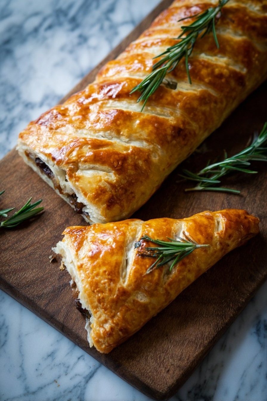 The image shows a golden brown baked pastry with a glossy surface, resting on a wooden board. The pastry is long and rectangular, with slits cut in a diagonal pattern along the top layer, revealing a dark filling inside. One smaller, triangular piece is cut from the pastry and placed in front, topped with a small green rosemary sprig. Another longer rosemary sprig lies across the top of the whole pastry. The background surface has a white marbled texture. photo taken with an iphone --ar 2:3 --v 7 - Vegan Mushroom Wellington Pecan Filling, vegan savory Wellington, plant-based mushroom Wellington, holiday vegan appetizer, vegan puff pastry dish