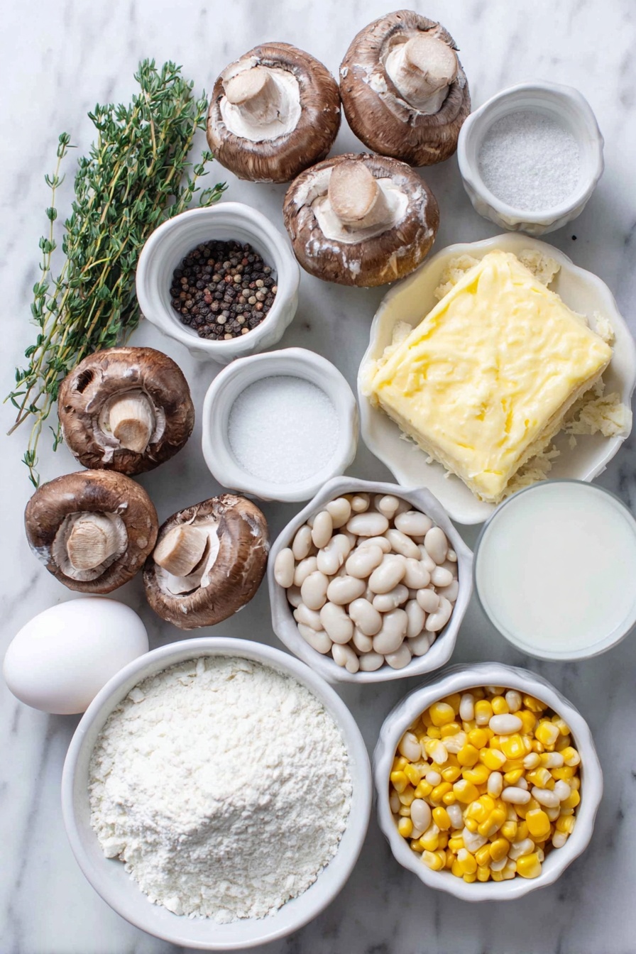 Flat lay of fresh cremini mushrooms sliced, a small mound of finely chopped yellow onion, three whole uncracked garlic cloves, a few bright green sprigs of fresh thyme leaves, a small white bowl with coarse kosher salt, a small white bowl with black peppercorns, a small white bowl of all-purpose flour, a small white bowl of whole milk, a small white bowl of clear vegetable broth, a handful of partially thawed mixed vegetables including carrots, peas, and corn, a small pile of rinsed white navy beans, a small mound of grated Parmesan cheese, a simple round unbaked pie crust, a single whole uncracked brown egg placed next to a small white bowl with water for the egg wash, placed on a clean white marble surface, soft natural light, photo taken with an iPhone, professional food photography style, fresh ingredients, white ceramic bowls, no bottles, no duplicates, no utensils, no packaging --ar 2:3 --v 7 --p m7354615311229779997 - Creamy Vegetable Pot Pie, vegetable pot pie, comforting veggie pot pie, easy vegetable pot pie recipe, homemade vegetable pot pie