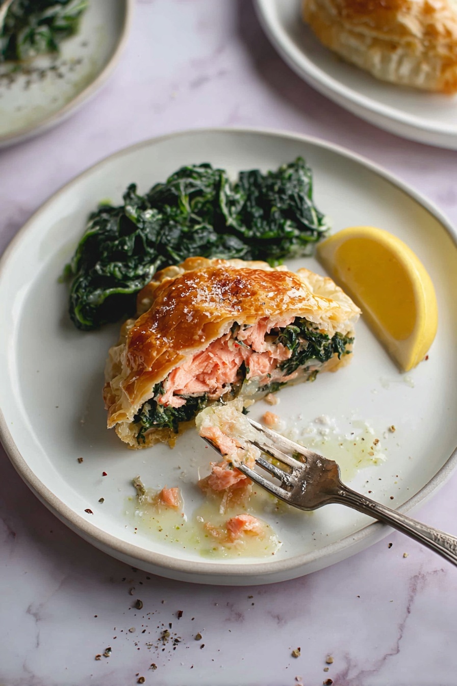 A white plate holds a piece of golden brown pastry with a flaky texture layered on the outside, filled inside with pink cooked fish and dark green leafy spinach, showing a clear separation of three layers. To the left of the pastry is a creamy pile of cooked spinach with a glossy, smooth texture, where a silver fork pierces it. Below the pastry is a wedge of bright yellow lemon with a slightly glossy surface. There are small crumbs and black pepper specks scattered on the plate. The setting is on a white marbled surface with part of another white plate visible in the top right, holding more pastry pieces. Photo taken with an iphone --ar 2:3 --v 7 - Creamy Spinach Salmon En Croûte, Salmon En Croûte with Spinach, Puff Pastry Salmon Recipe, Elegant Salmon Dinner, Easy Salmon En Croûte