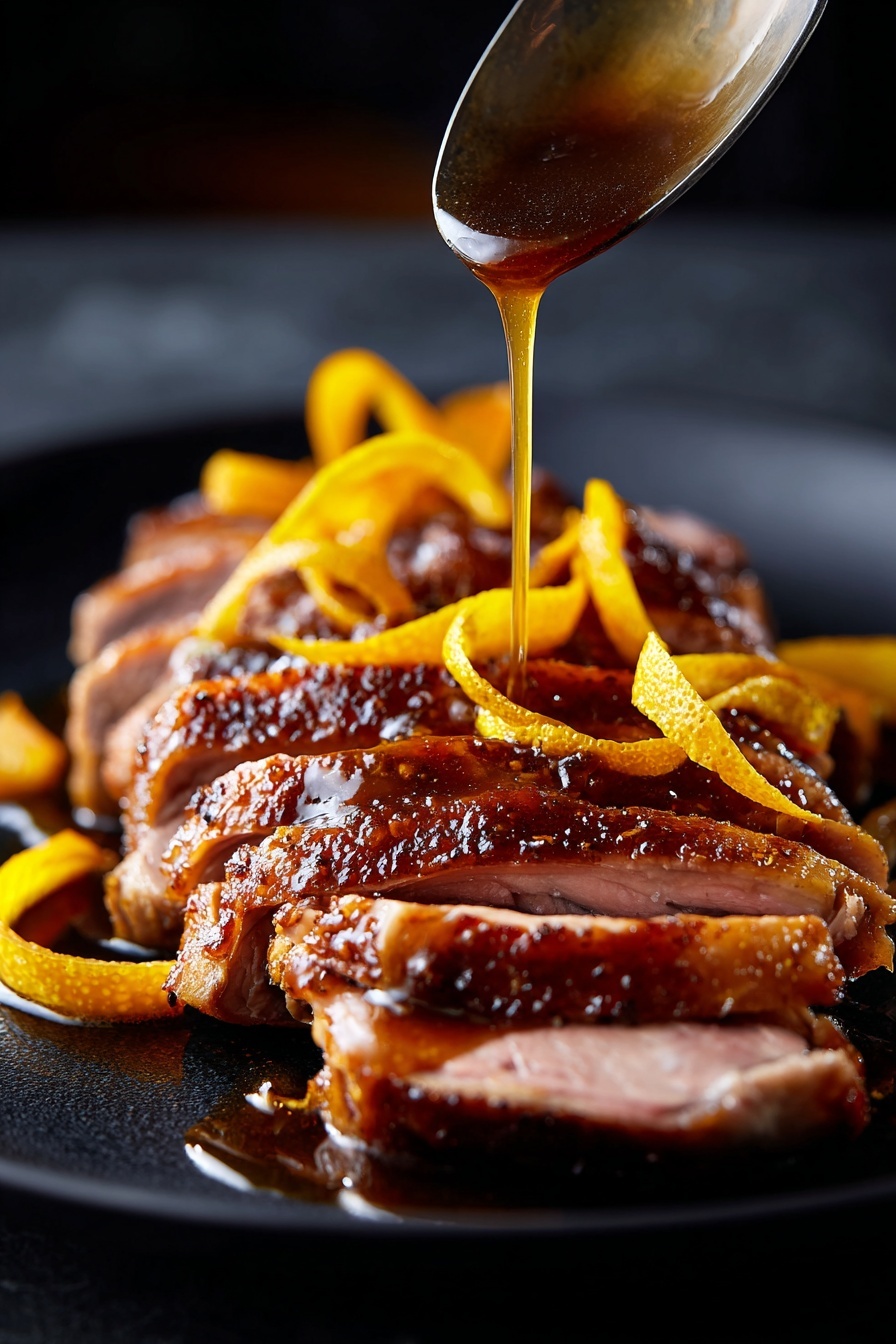 The dish shows several thick slices of cooked duck with brown, crispy skin on top and light pinkish meat inside, arranged close together on a black plate. Thin orange peel strips lie on the duck slices. A spoon pours a glossy brown sauce over the duck and orange peel, adding shine to the meat. The background is dark and blurry, making the duck the focus. photo taken with an iphone --ar 2:3 --v 7 - Duck à l'Orange with Savory Sauce, duck à l'orange, orange sauce for duck, elegant duck recipes, crispy duck with orange