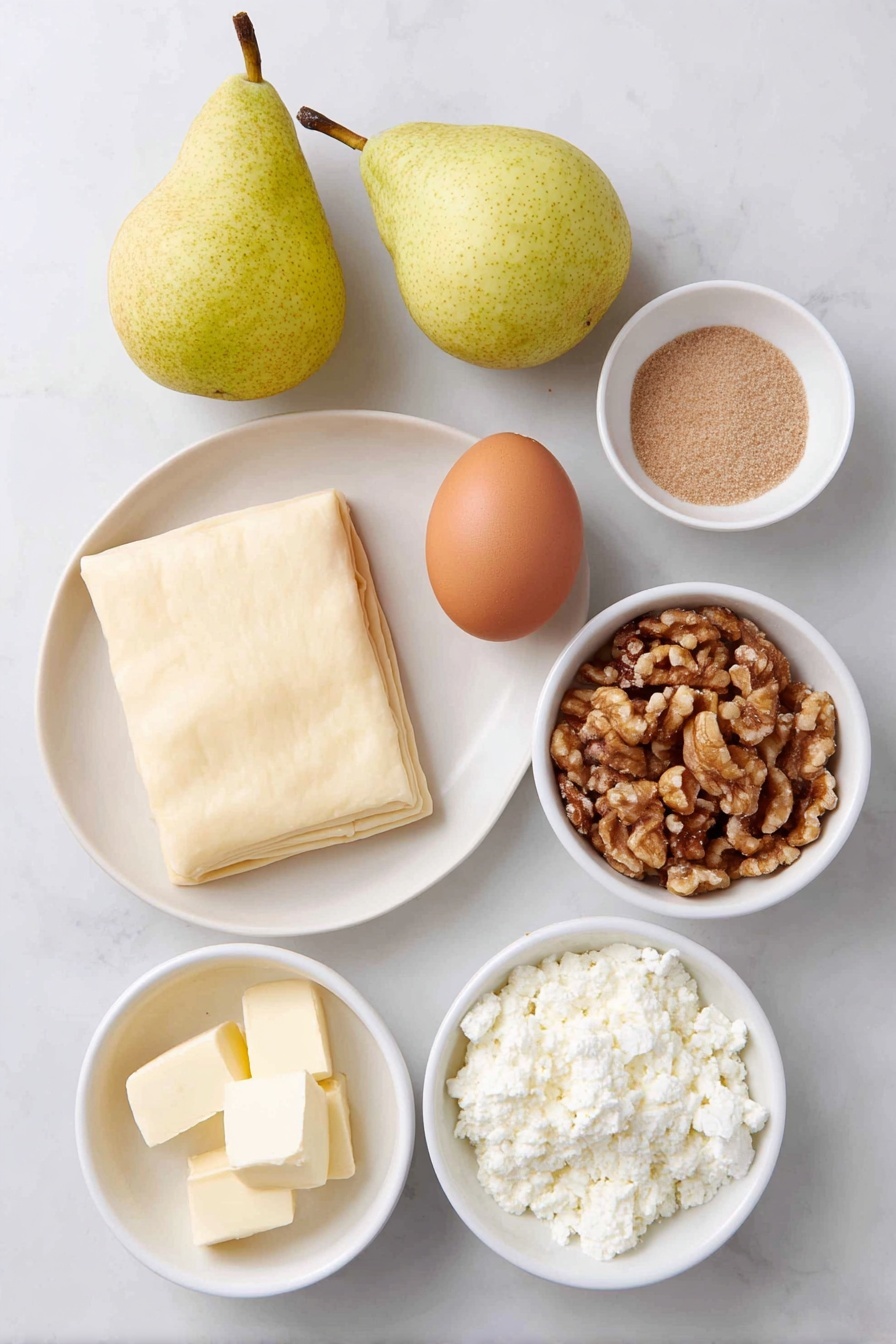 Flat lay of a sheet of thawed puff pastry cut into four squares on a simple white ceramic plate, two fresh ripe pears—one whole and one sliced into quarters and thin slices, a small white bowl of unsalted butter cubes, a small white bowl filled with lightly packed brown sugar, a small white bowl with a pinch of salt, one whole uncracked brown egg with a clean shell, a small white bowl of creamy crumbled blue cheese (gorgonzola), and a small white bowl containing roughly chopped walnuts, all arranged with perfect symmetry and balanced proportions, placed on a clean white marble surface, soft natural light, photo taken with an iPhone, professional food photography style, fresh ingredients, white ceramic bowls, no bottles, no duplicates, no utensils, no packaging --ar 2:3 --v 7 --p m7354615311229779997 - Caramelized Pear and Blue Cheese Tarts, pear and blue cheese tart, savory pear tart, blue cheese puff pastry tart, elegant fruit and cheese tart