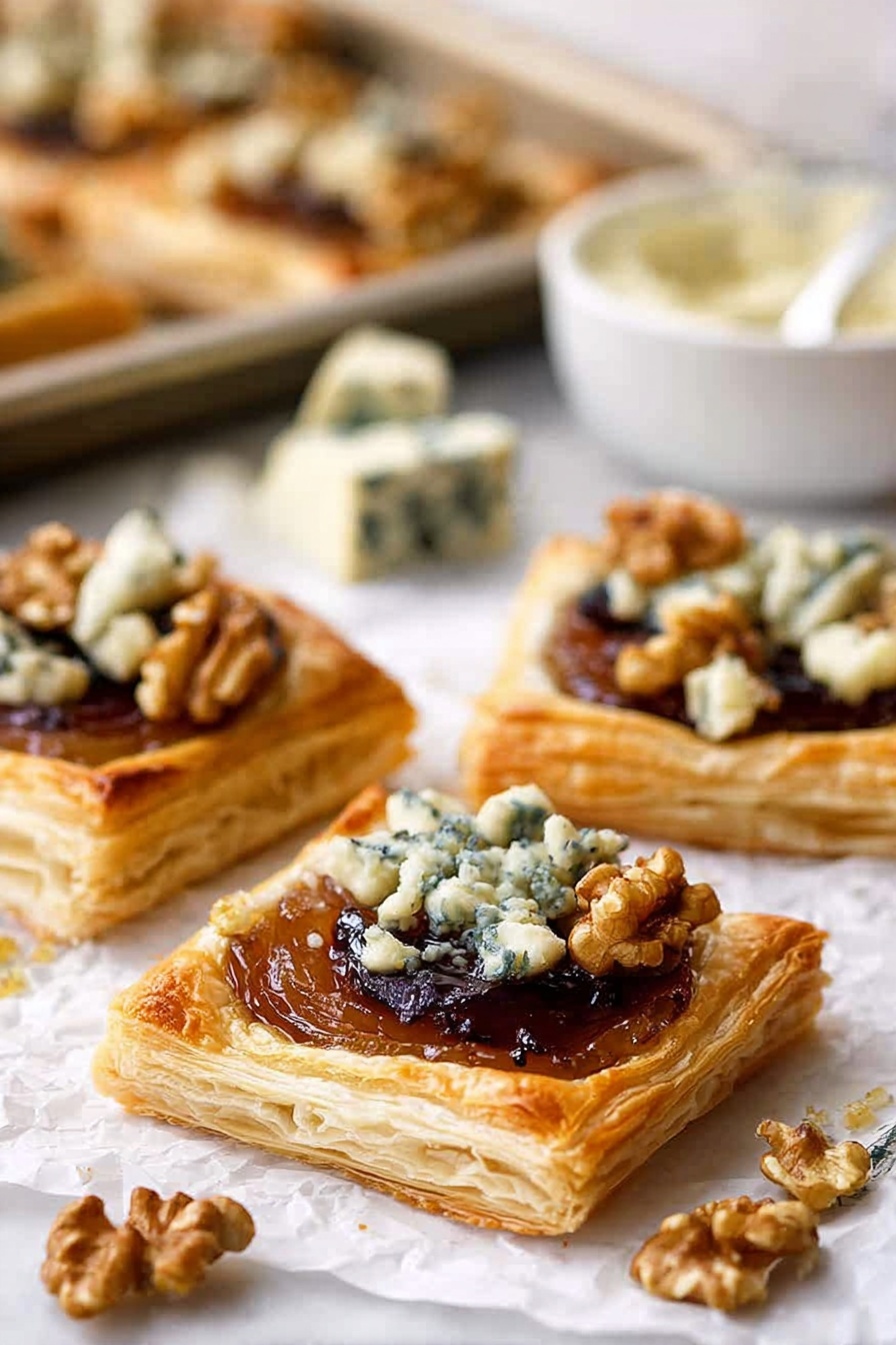 A close-up view of square puff pastry tartlets on a white marbled surface, each layered with a golden-brown flaky crust at the bottom, caramelized fruit in the middle with a shiny dark glaze, and topped with crumbled blue cheese and chopped walnuts scattered unevenly. In the background, more tartlets are placed on a baking tray lined with parchment. Surrounding the tartlets are chunks and small pieces of blue cheese, a white bowl filled with creamy white sauce, and a knife placed near the cheese. The image has a soft focus on the background, emphasizing the front tartlet’s texture and colors. Photo taken with an iphone --ar 2:3 --v 7 - Caramelized Pear and Blue Cheese Tarts, pear and blue cheese tart, savory pear tart, blue cheese puff pastry tart, elegant fruit and cheese tart
