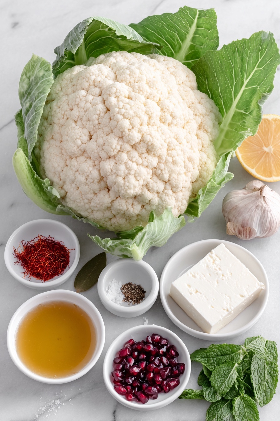 Flat lay of a large fresh whole cauliflower with green leaves, a small heap of vivid red saffron threads, coarse Kosher salt crystals, a bright yellow pinch of turmeric powder, two fresh dried bay leaves, one roughly chopped garlic clove, a small white ceramic bowl of extra virgin olive oil with a golden hue, a solid block of creamy white feta cheese, a small white ceramic bowl of thick Greek yogurt, one whole uncracked garlic bulb, one fresh whole lemon with bright yellow skin and a small pile of lemon zest, a small white ceramic bowl with freshly squeezed lemon juice, a small white ceramic bowl of freshly ground black pepper, a small white ceramic bowl of glossy pomegranate molasses, a small white ceramic bowl of amber maple syrup, a scattering of glossy ruby red pomegranate seeds, and a small pile of vibrant green chopped fresh mint leaves, all placed on a clean white marble surface, soft natural light, photo taken with an iPhone, professional food photography style, fresh ingredients, white ceramic bowls, no bottles, no duplicates, no utensils, no packaging --ar 2:3 --v 7 --p m7354615311229779997 - Roasted Cauliflower with Pomegranate Sauce, roasted cauliflower recipe, vegetarian cauliflower dish, pomegranate cauliflower, healthy cauliflower recipes