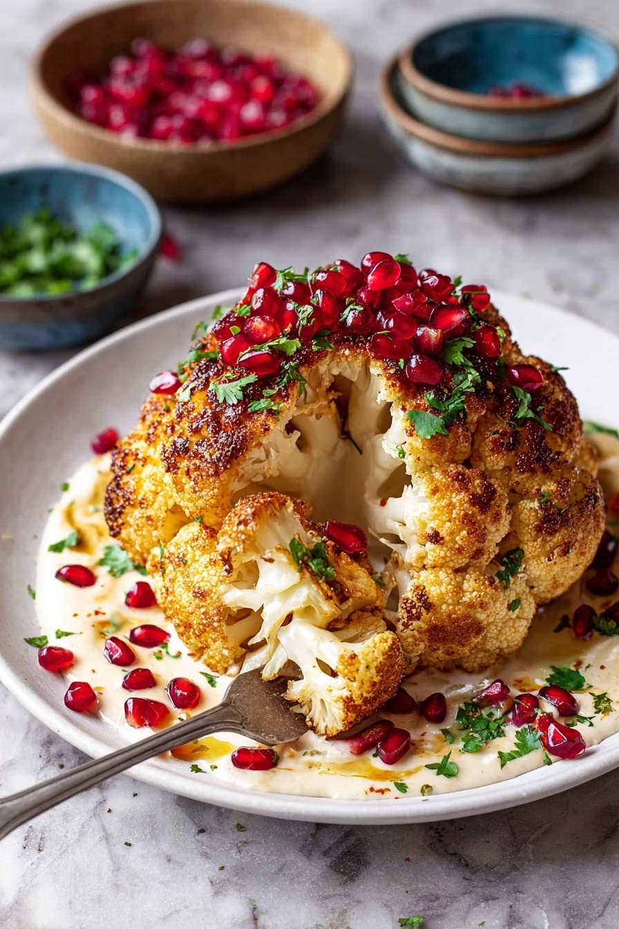 A whole roasted cauliflower with a golden brown, slightly crispy surface sits on a white plate. The cauliflower is topped with bright red pomegranate seeds and small green herb leaves scattered around. It rests on a creamy white sauce that spreads out under it on the plate, also sprinkled with pomegranate seeds and green herbs. A silver fork pierces a piece of cauliflower at the front of the plate. The background shows small bowls of pomegranate seeds and green herbs, all placed on a white marbled surface. photo taken with an iphone --ar 2:3 --v 7 - Roasted Cauliflower with Pomegranate Sauce, roasted cauliflower recipe, vegetarian cauliflower dish, pomegranate cauliflower, healthy cauliflower recipes