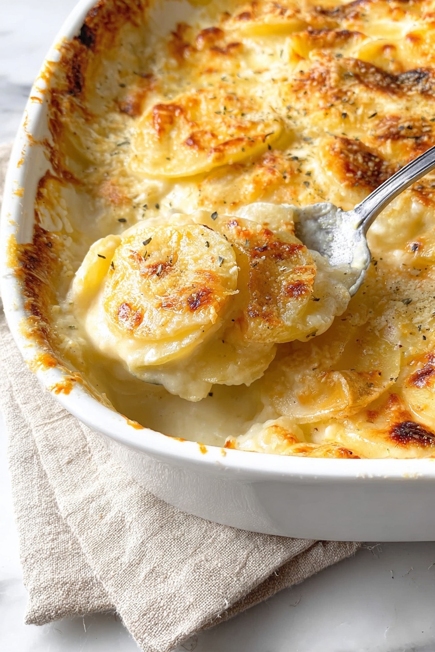 The image shows a close-up of a white baking dish filled with creamy potato gratin. The dish has multiple layers showing thin potato slices covered in a rich, creamy sauce with a golden brown melted cheese crust on top. The cheese is bubbly and slightly browned, with some finely grated cheese sprinkled over the surface. A spoon is lifting a portion of the gratin, revealing soft, tender potato slices beneath the cheesy layer. The dish rests on a beige cloth on a white marbled surface. photo taken with an iphone --ar 2:3 --v 7 - Old-Fashioned Cheesy Scalloped Potatoes, cheesy scalloped potato casserole, baked scalloped potatoes, creamy cheesy potato side dish, comfort food potatoes