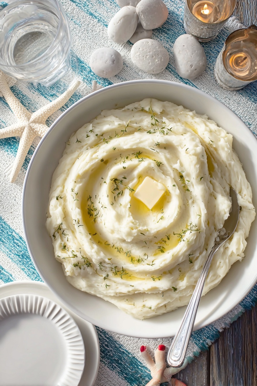 A large white bowl is filled with smooth, creamy mashed potatoes with visible swirls and soft peaks, topped with a small square of melted butter in the center and sprinkled with small green herb leaves. A silver spoon is partially submerged in the mash, with its handle resting on the edge of the bowl. The bowl sits on a dark wooden surface next to a white marbled textured tablecloth with blue stripes. Around it, there are white plates with ridged edges, a clear glass of water, and rustic decorative items including white starfish, smooth grey stones, and candles in small metallic holders. A woman's foot with red-painted toenails is visible below the table. Photo taken with an iphone --ar 2:3 --v 7 - Creamy Mashed Potatoes, perfect mashed potatoes, buttery mashed potatoes, fluffy potato side dish, easy mashed potatoes