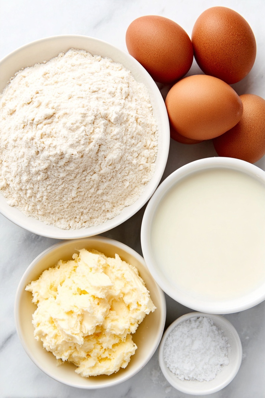 Flat lay of four large uncracked brown eggs, a small mound of fine all-purpose flour on a simple white ceramic plate, a small white bowl filled with whole milk, a few grains of coarse salt scattered beside a small white ceramic bowl with golden beef tallow, all arranged symmetrically and balanced, placed on a clean white marble surface, soft natural light, photo taken with an iPhone, professional food photography style, fresh ingredients, white ceramic bowls, no bottles, no duplicates, no utensils, no packaging --ar 2:3 --v 7 --p m7354615311229779997 - Yorkshire Pudding, Perfect Yorkshire Pudding, British Yorkshire Pudding, Crispy Yorkshire Pudding, Fluffy Yorkshire Pudding