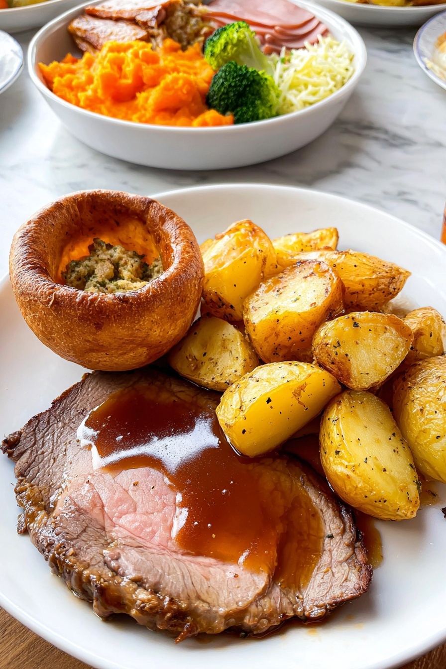 A white plate holds a meal with four main parts: at the bottom right is one large slice of roast beef covered in smooth brown gravy with a shiny surface, showing a tender texture with darker edges. Above the beef are five golden brown roasted potatoes, crispy on the outside with some black pepper. On the left side of the plate is a round Yorkshire pudding with a slightly puffy, light brown crust, inside which sits a textured stuffing ball made of mixed herbs and bits of meat. The plate sits on a white marbled surface. In the background, there is a white bowl filled with bright orange mashed carrots or squash, light green broccoli florets, roasted potatoes, shredded pink ham, and white coleslaw, all on a white marbled surface. photo taken with an iphone --ar 2:3 --v 7 - Yorkshire Pudding, Perfect Yorkshire Pudding, British Yorkshire Pudding, Crispy Yorkshire Pudding, Fluffy Yorkshire Pudding