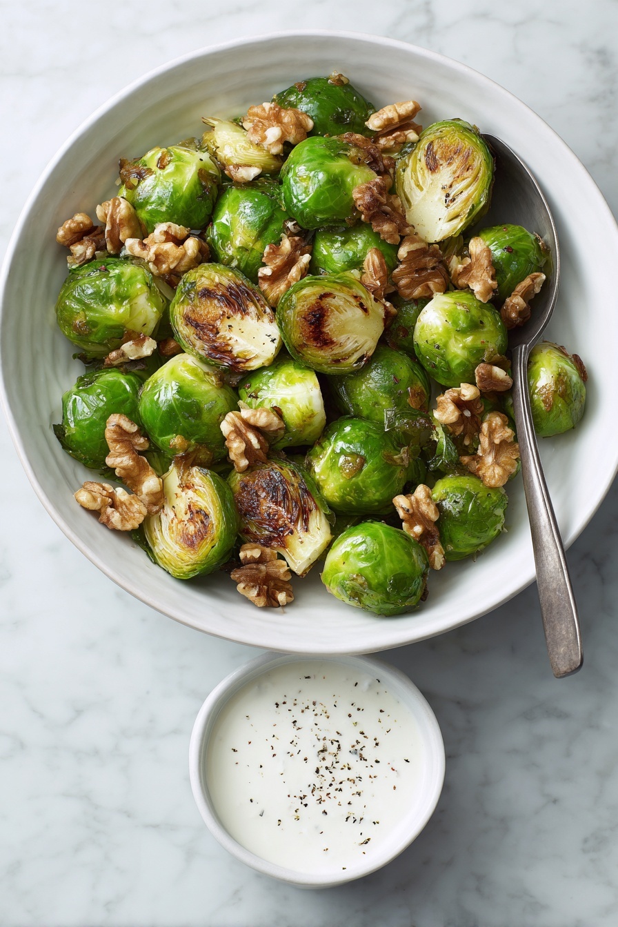 A white dish filled with roasted green Brussels sprouts that have browned, crispy edges. On top, there are many light brown walnut pieces scattered evenly, adding texture and color contrast. To the side, on the white marbled surface, there is a small white bowl containing white creamy sauce with black pepper sprinkled on top. A silver spoon rests in the dish among the Brussels sprouts, slightly visible. The photo taken with an iphone --ar 2:3 --v 7 - Roasted Brussels Sprouts with Walnuts and Pomegranate, Brussels Sprouts side dish, healthy roasted Brussels sprouts, holiday Brussels sprouts recipe, easy vegetable side