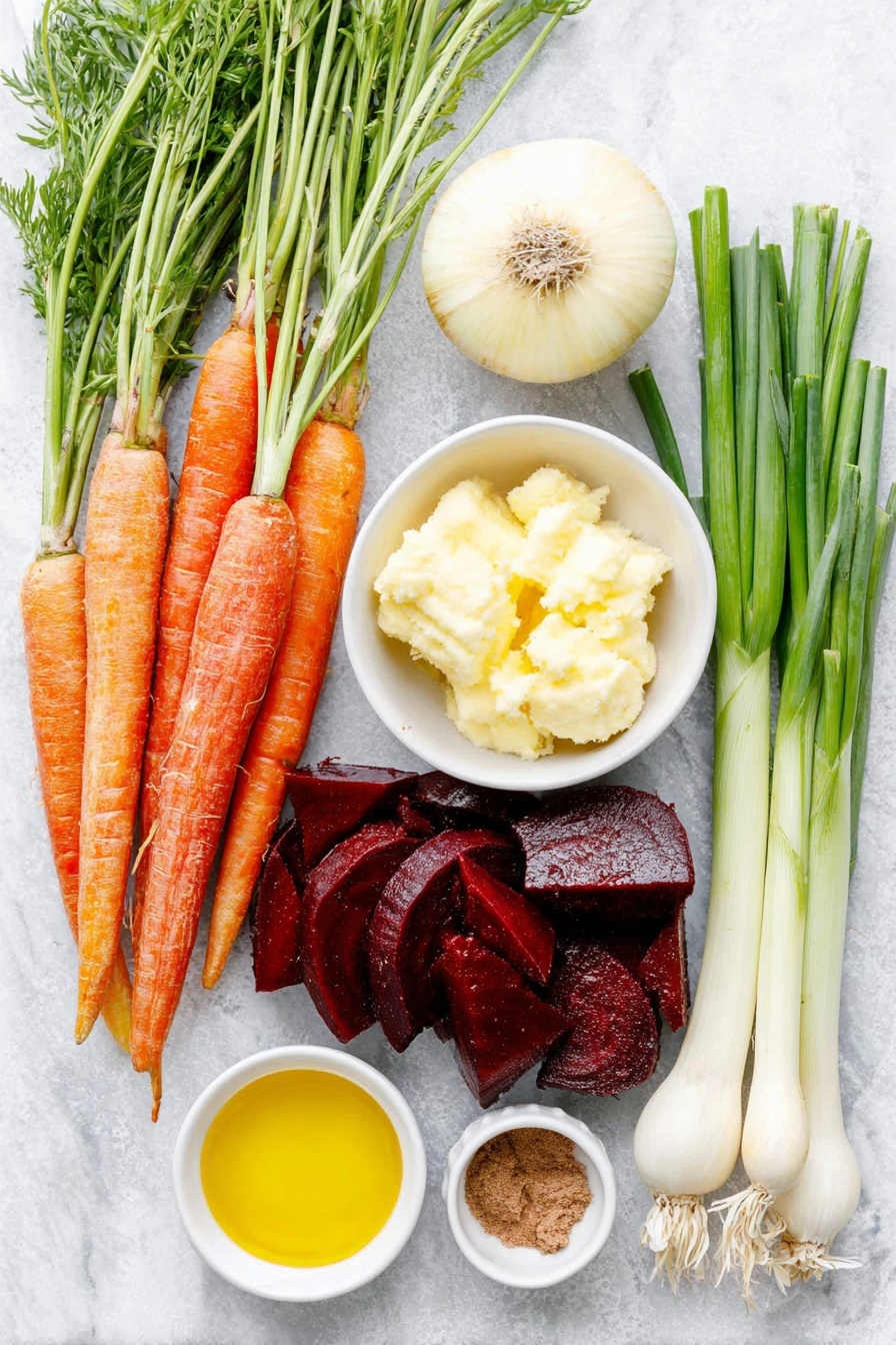 Flat lay of fresh whole carrots with leafy green tops, medium deep red beets cut into wedges showing vibrant purple-red flesh, a large red onion quartered revealing its crisp layers, two cloves of fresh garlic with papery skins intact, a small white ceramic bowl of golden olive oil, a small white bowl of creamy pale yellow butter chunks, a small white bowl containing smooth brown miso paste, a small white bowl with clear amber mirin, a small white bowl holding amber maple syrup, a small white bowl with fine ground cinnamon powder, a few green scallion stalks with white bulbs and long green tops sliced in half lengthwise, all arranged in perfect symmetry on a clean white marble surface, soft natural light, photo taken with an iPhone, professional food photography style, fresh ingredients, white ceramic bowls, no bottles, no duplicates, no utensils, no packaging --ar 2:3 --v 7 --p m7354615311229779997 - Miso Glazed Roasted Root Vegetables, roasted root vegetables with miso, healthy vegetable side dish, seasonal roasted vegetables, easy veggie recipes