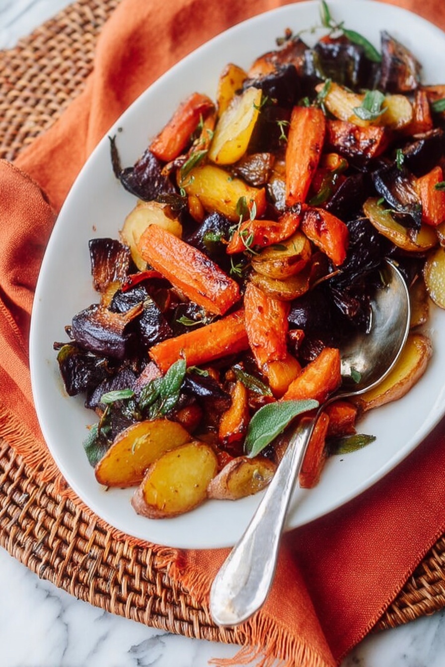 The image shows a white plate filled with roasted vegetable pieces layered in a natural, uneven mix. The bottom layer has dark purple and blackish irregular chunks that look soft with charred edges, placed mostly to the upper left and center. On top and scattered throughout are bright orange carrot pieces, slightly shiny and roasted with some green leafy herbs. There are also golden brown potato slices with crisp edges mixed in, primarily on the lower side of the plate. A silver spoon lies on the right side of the plate, resting partly on the vegetables. The plate sits on a woven mat with an orange cloth partially under it, all placed on a white marbled surface. photo taken with an iphone --ar 2:3 --v 7 - Miso Glazed Roasted Root Vegetables, roasted root vegetables with miso, healthy vegetable side dish, seasonal roasted vegetables, easy veggie recipes