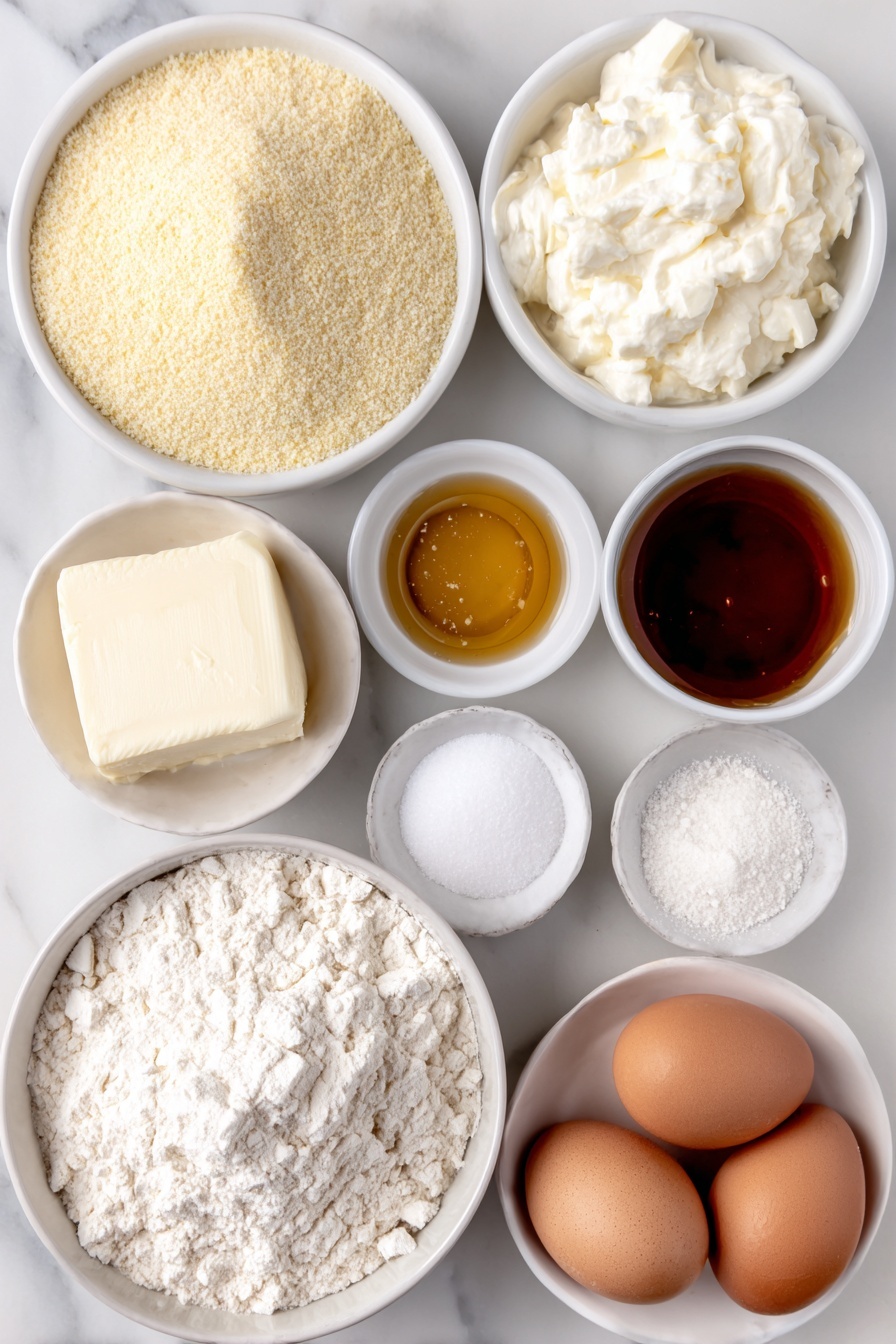Flat lay of yellow cornmeal in a small mound, a small heap of white all-purpose flour, granulated sugar crystals scattered neatly, a few teaspoons of baking powder powder, a small pile of fine salt, a pat of softened pale yellow butter, a small white bowl of golden honey, a small white bowl with clear light oil, a small white bowl of creamy whole milk, two whole large brown eggs with clean shells placed side by side, arranged symmetrically on simple white ceramic plates and bowls, all placed on a clean white marble surface, soft natural light, photo taken with an iPhone, professional food photography style, fresh ingredients, white ceramic bowls, no bottles, no duplicates, no utensils, no packaging --ar 2:3 --v 7 --p m7354615311229779997 - Moist Cornbread with Honey and Butter, sweet cornbread recipe, easy cornbread with honey, buttery cornbread, tender cornbread recipe