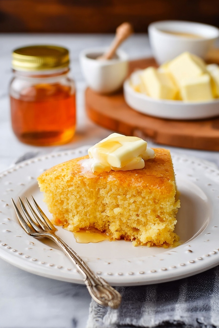 A single piece of golden cornbread sits on a white plate with small raised dots around the edge, showing a soft, crumbly texture with a slightly browned bottom layer. On top of the cornbread, there is a dollop of pale yellow butter beginning to melt, shining slightly. A silver fork with a detailed handle lies on the left side of the plate. In the background, there is a small glass jar filled with amber honey with a gold lid, a small white bowl of honey, and a wooden board with a block of light yellow butter cut into smaller pieces, all set on a white marbled surface. Photo taken with an iphone --ar 2:3 --v 7 - Moist Cornbread with Honey and Butter, sweet cornbread recipe, easy cornbread with honey, buttery cornbread, tender cornbread recipe
