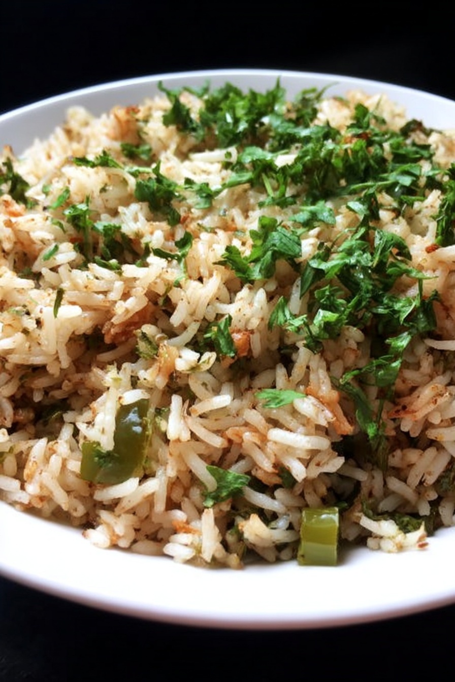 A close-up of a white plate filled with cooked rice mixed with small pieces of green leafy herbs and green vegetable chunks, showing a soft texture and slightly brown color from spices. The rice looks fluffy and mixed evenly with the green herbs on top, giving a fresh look. The background is dark, making the plate and food colors stand out. Photo taken with an iphone --ar 2:3 --v 7 - Vegan Dirty Rice, plant-based dirty rice, vegan Cajun rice, quick vegan rice dish, vegetarian dirty rice
