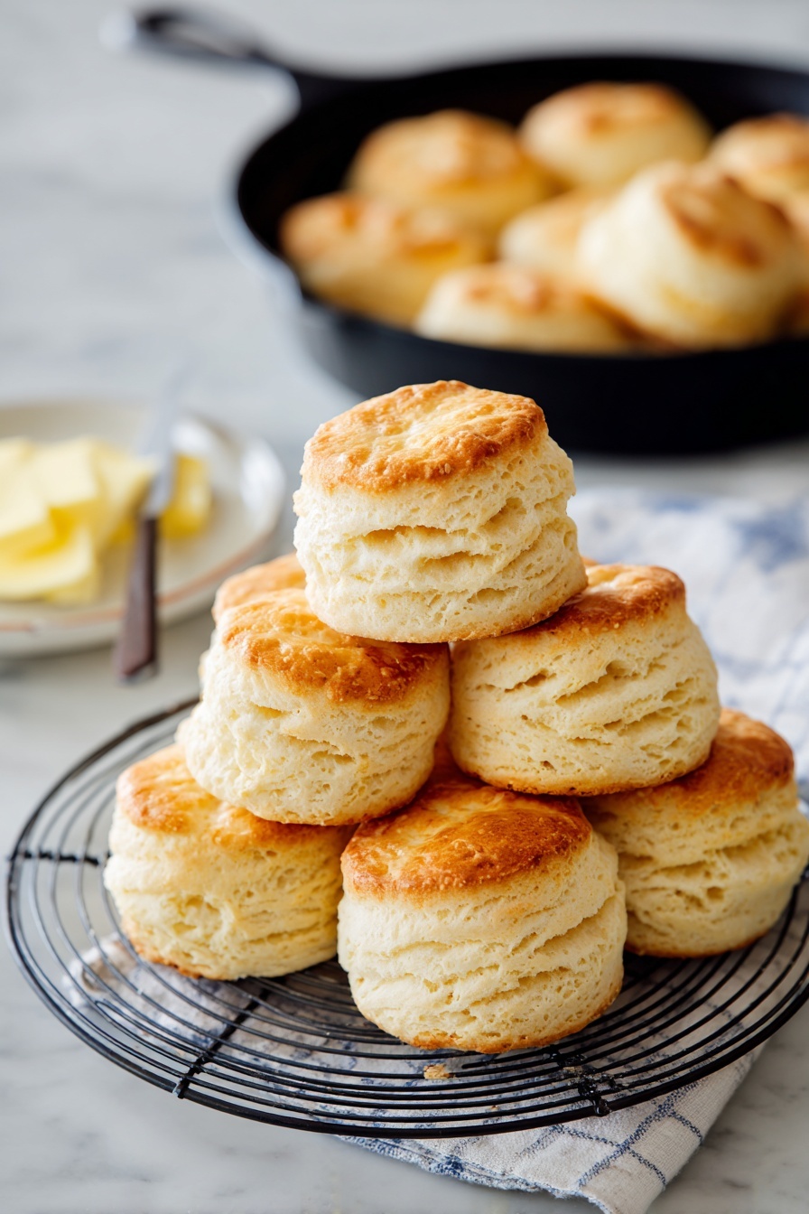The image shows a stack of nine golden-brown biscuits arranged in two layers on a round metal cooling rack. The biscuits are fluffy with a soft texture and light brown tops, and their sides reveal a tender, crumbly interior. The cooling rack sits on a white marbled surface. In the background, there is a black cast-iron skillet with more biscuits inside, softly out of focus. To the left, a white dish with pale yellow butter and a butter knife rests beside a folded white and blue checkered cloth. photo taken with an iphone --ar 2:3 --v 7 - Fluffy Angel Biscuits with Buttermilk, soft biscuits with buttermilk, homemade angel biscuits, easy buttermilk biscuit recipe, flaky fluffy breakfast biscuits