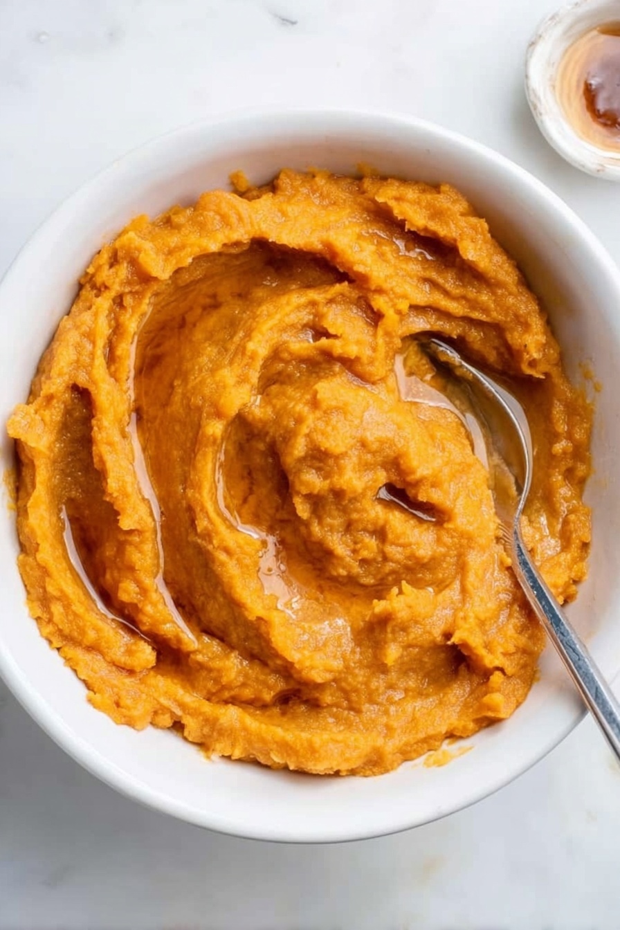A white bowl filled with smooth sweet potato mash that has a rich orange color and a creamy texture with soft swirls on top. The surface of the mash is glossy, showing a drip of honey or syrup in a few places. A silver spoon is resting inside the bowl on the right side, partially dipped into the mash. The background is a white marbled surface, adding a clean and simple look to the scene. Photo taken with an iphone --ar 2:3 --v 7 - Brown Butter Mashed Sweet Potatoes, mashed sweet potatoes with brown butter, spiced sweet potato side dish, holiday sweet potato recipes, easy sweet potato sides