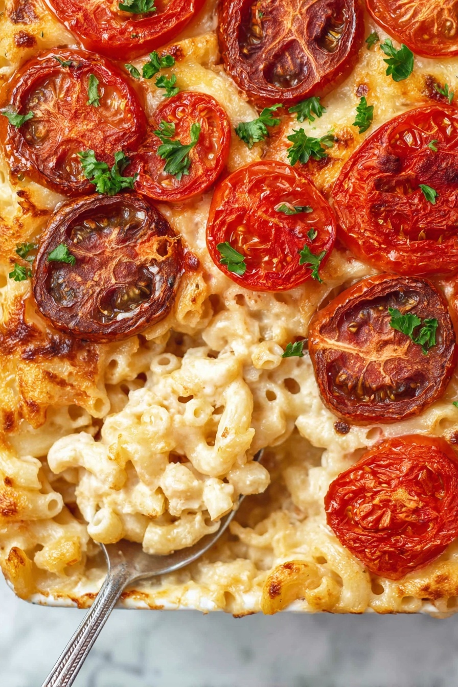 The image shows a baked pasta dish with three main layers. The bottom layer is creamy, whitish macaroni pasta that looks soft and cheesy. On top of that, there is a layer of melted cheese that is bubbly and golden in some spots. The top layer is decorated with thick slices of both red and purple baked tomatoes, which have a slightly wrinkled texture. Small green parsley leaves are scattered on the tomato layer for a fresh look. The dish is placed on a white marbled surface, and a silver spoon holds a scoop of the pasta mix. photo taken with an iphone --ar 2:3 --v 7 - Baked Tomato Mac and Cheese, baked tomato mac and cheese, cheesy baked pasta with tomatoes, easy baked mac and cheese, roasted tomato pasta dish