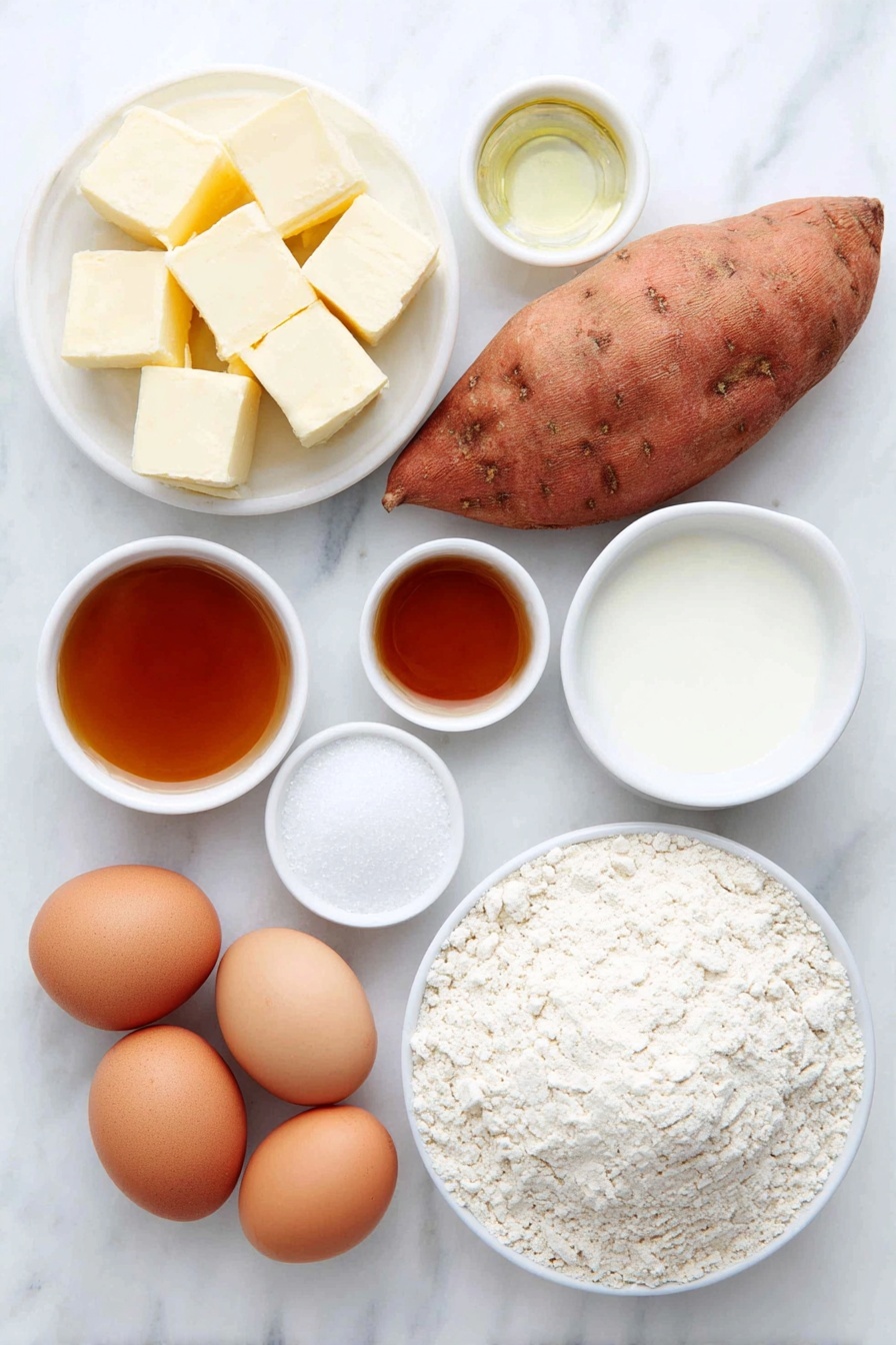 Flat lay of a peeled large sweet potato cut into chunks, a small white ceramic bowl with whole milk, a small white ceramic bowl with warm water, a small white ceramic bowl of granulated sugar, two large whole uncracked eggs with clean shells, a small white ceramic bowl with melted butter, a mound of bread flour on the surface, a small white ceramic bowl of kosher salt, a small white ceramic bowl with cane syrup, and a small white ceramic bowl of flaky sea salt, all arranged with perfect symmetry on a clean white marble surface, soft natural light, photo taken with an iPhone, professional food photography style, fresh ingredients, white ceramic bowls, no bottles, no duplicates, no utensils, no packaging --ar 2:3 --v 7 --p m7354615311229779997 - Sweet Potato Rolls with Flaky Salt, sweet potato bread rolls, fluffy sweet potato buns, homemade sweet potato rolls, savory sweet potato bread