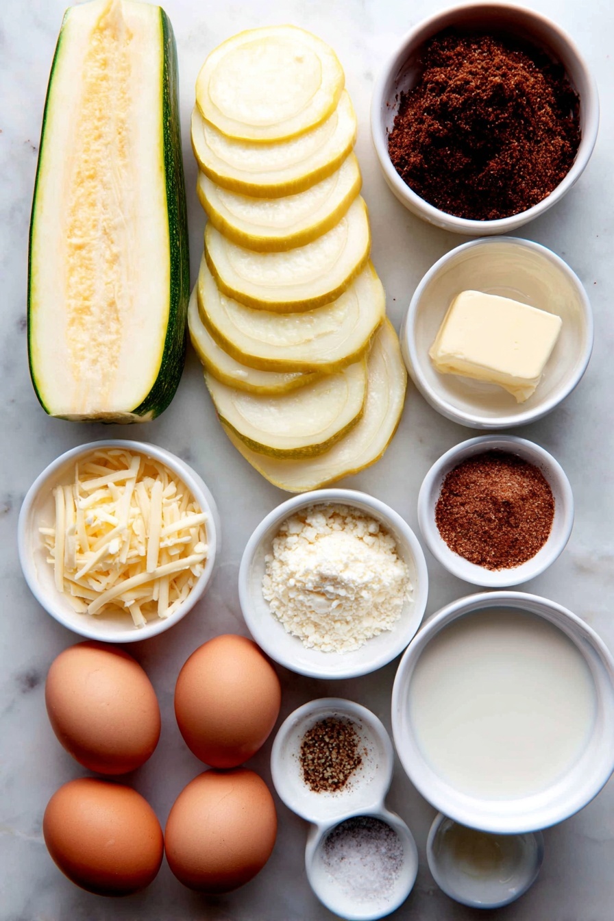 Flat lay of fresh yellow squash sliced into rounds, a medium chopped onion, two large whole brown eggs with clean shells, a small pile of grated sharp cheddar cheese, a small white ceramic bowl of milk, two small white ceramic bowls each with a pat of golden melted butter, a small white ceramic bowl of crushed Ritz crackers, a small white ceramic bowl of kosher salt, a small white ceramic bowl of ground black pepper, and a small white ceramic bowl of cayenne pepper powder, all arranged symmetrically and balanced on a clean white marble surface, soft natural light, photo taken with an iPhone, professional food photography style, fresh ingredients, white ceramic bowls, no bottles, no duplicates, no utensils, no packaging --ar 2:3 --v 7 --p m7354615311229779997 - Creamy Yellow Squash Casserole, yellow squash side dish, easy squash casserole, comforting casserole recipes, cheesy squash bake