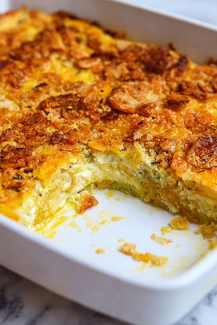 A white dish filled with a baked casserole that has three visible layers: the bottom layer is creamy and light yellow, the middle layer has a soft greenish texture, and the top layer is a thick, golden-brown crispy crust with small crunchy pieces. A section of the casserole is missing, showing the inside layers clearly. The dish sits on a white marbled surface. photo taken with an iphone --ar 2:3 --v 7 - Creamy Yellow Squash Casserole, yellow squash side dish, easy squash casserole, comforting casserole recipes, cheesy squash bake
