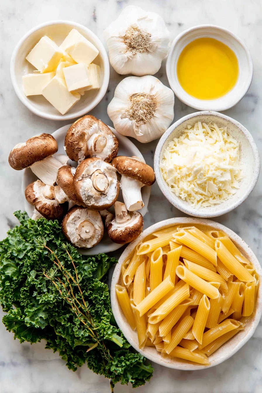 Flat lay of a small pile of chopped medium brown onion, a few sliced chestnut brown mushrooms, a small bunch of fresh curly kale leaves with woody stems removed, three whole uncracked garlic cloves, a handful of fresh thyme sprigs, a small white ceramic bowl filled with golden olive oil, a small white ceramic bowl with pale butter cubes, a small white ceramic bowl of plain white flour, a small white ceramic bowl of creamy semi-skimmed milk, a small white ceramic bowl with smooth Dijon mustard, a small white ceramic bowl of fine sea salt, a small white ceramic bowl of ground black pepper, a small white ceramic bowl of freshly cracked black pepper, a small white ceramic bowl with panko breadcrumbs, a small white ceramic bowl filled with finely grated pale yellow hard Italian pecorino cheese, a small white ceramic bowl with finely chopped fresh parsley leaves, and a neat pile of uncooked yellow penne pasta tubes, all arranged symmetrically with realistic proportions on a clean white marble surface, soft natural light, photo taken with an iPhone, professional food photography style, fresh ingredients, white ceramic bowls, no bottles, no duplicates, no utensils, no packaging --ar 2:3 --v 7 --p m7354615311229779997 - Creamy Mushroom and Kale Pasta Bake, mushroom kale pasta casserole, healthy comfort food recipes, cheesy vegetable pasta bake, easy baked mushroom kale dish