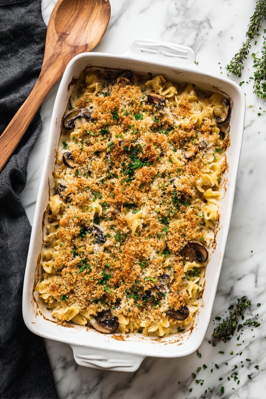 The image shows a white bowl filled with a baked pasta dish consisting of three layers. The bottom layer is light beige penne pasta mixed with cooked dark green spinach. The middle layer reveals slices of browned mushrooms that sit on top of the pasta and spinach mix. The top layer is a golden-brown crispy breadcrumb topping, sprinkled unevenly with some light green herbs for garnish. A silver fork rests on the right side of the bowl. In the background, there is a white baking dish containing the same layered pasta, with a wooden spoon partially submerged in it. The scene is set on a white marbled surface, providing a clean and bright contrast to the dish. Photo taken with an iphone --ar 2:3 --v 7 - Creamy Mushroom and Kale Pasta Bake, mushroom kale pasta casserole, healthy comfort food recipes, cheesy vegetable pasta bake, easy baked mushroom kale dish