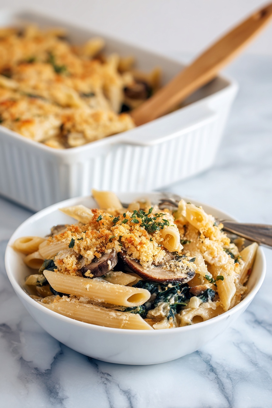 A white bowl on a white marbled surface holds a serving of baked pasta with three main layers: light golden penne pasta with some edges browned, dark green spinach leaves mixed in, and sautéed brown mushrooms scattered throughout. The top layer is sprinkled with pale, crumbly bread crumbs or cheese that give a slight crispy texture. A silver fork rests on the right side inside the bowl. In the top left corner, a white baking dish with more baked pasta is partially visible, showing browned edges and a wooden spoon inside. Small sprigs of fresh thyme lay on the surface near the bowl. Photo taken with an iphone --ar 2:3 --v 7 - Creamy Mushroom and Kale Pasta Bake, mushroom kale pasta casserole, healthy comfort food recipes, cheesy vegetable pasta bake, easy baked mushroom kale dish