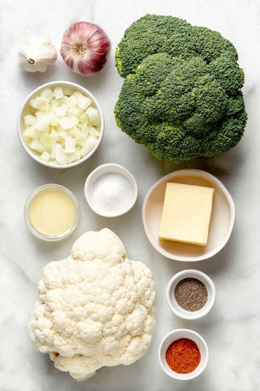 Flat lay of a large head of broccoli with bright green florets, a head of cauliflower with creamy white florets, a few small cubes of pale yellow butter, half a medium onion diced into small white pieces, two whole cloves of garlic unpeeled, a small white ceramic bowl of all-purpose flour, a small white ceramic bowl filled with low-sodium chicken broth, a block of cream cheese at room temperature, a small white ceramic bowl with a pinch of salt, a small white ceramic bowl filled with ground black pepper, a small white ceramic bowl containing seasoned salt, a small white ceramic bowl with paprika powder, a small white ceramic bowl of golden seasoned breadcrumbs, and a small white ceramic bowl heaped with grated Monterey Jack cheese placed on a clean white marble surface, soft natural light, photo taken with an iPhone, professional food photography style, fresh ingredients, white ceramic bowls, no bottles, no duplicates, no utensils, no packaging --ar 2:3 --v 7 --p m7354615311229779997 - Creamy Broccoli Cauliflower Casserole, broccoli and cauliflower bake, cheesy vegetable casserole, easy healthy vegetable side dish, veggie casserole with cheese