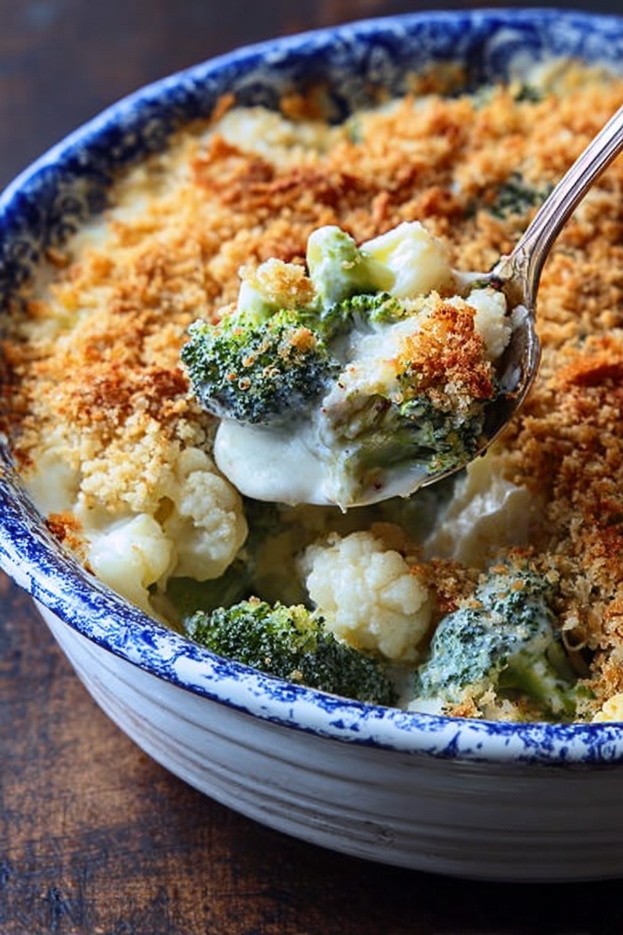 A white bowl with a blue patterned rim holds a creamy vegetable casserole with two main layers; the bottom layer is a mix of bright white cauliflower and green broccoli pieces covered in a white sauce, while the top layer is a golden-brown crispy crumb topping that looks crunchy and textured. A spoon inside the bowl lifts out some broccoli and cauliflower, showing the thick sauce soaking the vegetables. The bowl is placed on a dark wooden surface. photo taken with an iphone --ar 2:3 --v 7 - Creamy Broccoli Cauliflower Casserole, broccoli and cauliflower bake, cheesy vegetable casserole, easy healthy vegetable side dish, veggie casserole with cheese