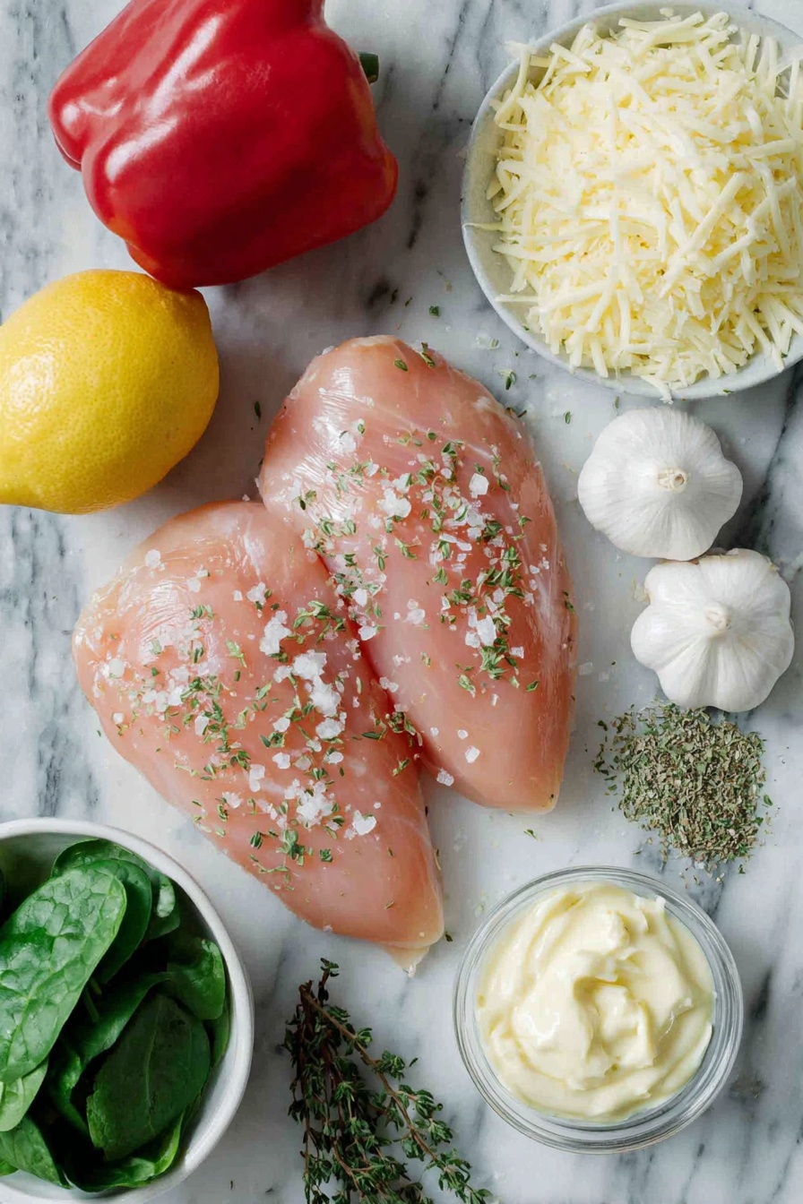 Flat lay of fresh boneless skinless chicken breasts, a whole red bell pepper with glossy skin, half a medium yellow onion with papery peel, drained quartered artichoke hearts, a small pile of lightly packed baby spinach leaves, freshly grated parmesan shavings, a small white ceramic bowl of creamy mayonnaise, four whole garlic cloves with papery skins, a whole bright yellow lemon, a small white ceramic bowl of dried oregano, a small white ceramic bowl of dried thyme, a small white ceramic bowl of kosher salt, and a small white ceramic bowl of freshly ground black pepper, all arranged symmetrically placed on a clean white marble surface, soft natural light, photo taken with an iPhone, professional food photography style, fresh ingredients, white ceramic bowls, no bottles, no duplicates, no utensils, no packaging --ar 2:3 --v 7 --p m7354615311229779997 - Creamy Spinach Artichoke Chicken Bake, spinach artichoke chicken casserole, easy chicken bake, healthy chicken dinner, cheesy chicken bake
