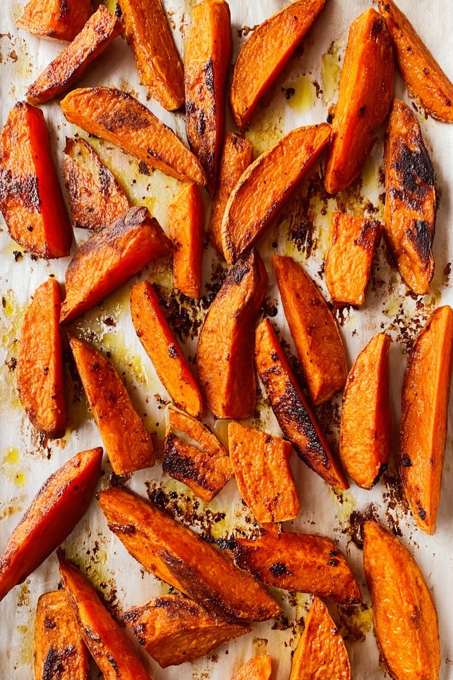 The image shows a white baking sheet covered with many pieces of roasted orange sweet potato wedges. The wedges are uneven in size and shape, with some showing charred and caramelized edges in dark brown and black, giving a crispy texture. The surface of the baking sheet has spots of golden oil and dark burnt marks scattered around, adding to the rustic look. The sweet potatoes have a shiny, slightly oily texture and sit on a white marbled surface background. photo taken with an iphone --ar 2:3 --v 7 - Perfect Roasted Carrots, roasted carrots recipe, easy roasted vegetables, healthy side dishes, caramelized carrots