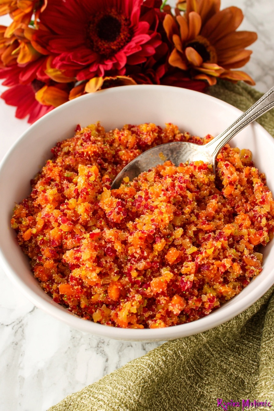 A white bowl filled with a coarse, textured mixture of finely chopped ingredients showing bright red, orange, and light yellow colors mixed together, creating a vibrant, fresh appearance. A silver spoon is placed inside the bowl on the right side, partially inserted into the mixture. In the background, there are red and orange artificial flowers with green and brown stems, and a green and beige cloth under the bowl, all set on a white marbled surface. The image has a close-up view showing details of the mixture's uneven, moist texture and small bits. photo taken with an iphone --ar 2:3 --v 7 - Easy Cranberry Orange Relish, cranberry orange relish, holiday side dish, festive cranberry recipes, citrus cranberry condiment