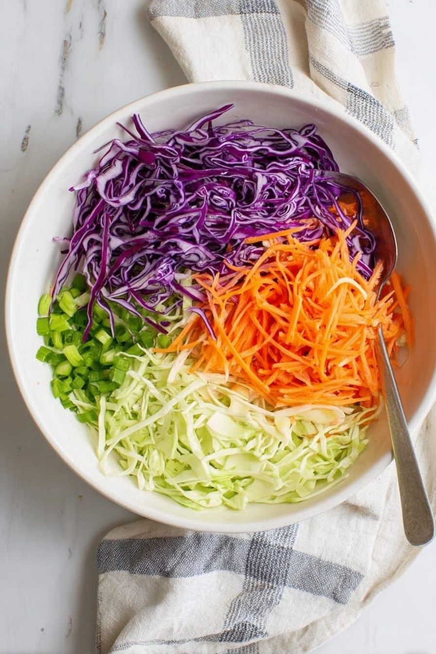 A white bowl on a white marbled surface holds four distinct layers of fresh, thinly shredded vegetables arranged side by side. On the left is shredded purple cabbage with a few green pieces mixed in. To its right is bright orange shredded carrot, slightly overlapping some pieces of purple cabbage. Below the cabbage, finely chopped green onions form the third layer, and next to them, on the bottom right, is a pile of thinly shredded light green cabbage. A silver spoon lies on the surface near the bowl, and a white cloth with gray stripes is partially visible under the bowl. Photo taken with an iphone --ar 2:3 --v 7 - Southern Collard Greens, Collard Greens Recipe, Southern Greens, How to Make Collard Greens, Easy Collard Greens