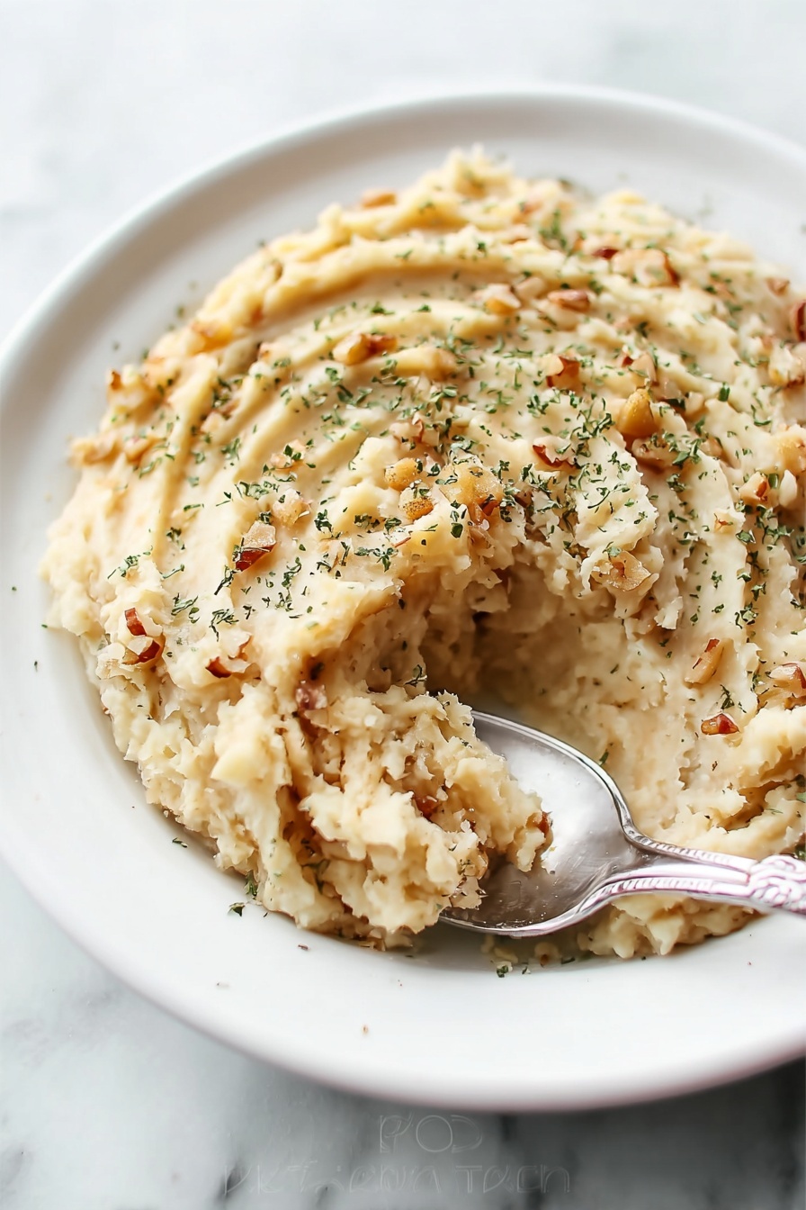 A white plate sits on a white marbled surface, filled with a creamy mashed dish. The mashed layer is light beige and slightly chunky with small bits of nuts or grains mixed in. The top has soft ridges made by a utensil, and it is sprinkled with finely chopped green herbs. A silver spoon scoops a portion from the right side of the plate, showing the moist, dense texture inside. photo taken with an iphone --ar 2:3 --v 7 - Creamy Cabbage Coleslaw, cabbage coleslaw recipe, tangy coleslaw salad, creamy slaw dressing, easy summer salad