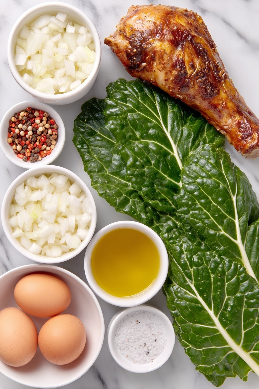 Flat lay of fresh collard greens leaves neatly stacked, a whole smoked turkey leg with rich mahogany skin, a small white bowl of finely diced white onions, a small white bowl of minced garlic cloves, a small white bowl holding coarse red pepper flakes, a cluster of whole uncracked brown eggs, a small white bowl filled with clear chicken broth, a small white bowl of extra virgin olive oil with golden hue, a small white bowl of white distilled vinegar, a small mound of coarse sea salt sprinkled with black pepper, all arranged symmetrically and balanced on a clean white ceramic plate and bowls, placed on a clean white marble surface, soft natural light, photo taken with an iPhone, professional food photography style, fresh ingredients, white ceramic bowls, no bottles, no duplicates, no utensils, no packaging --ar 2:3 --v 7 --p m7354615311229779997 - Southern Collard Greens, collard greens recipe, soul food greens, Southern side dishes, smoky greens