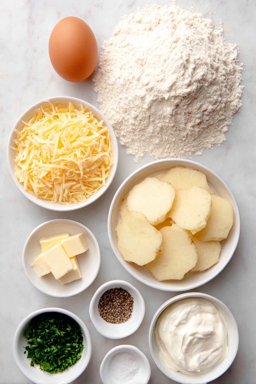Flat lay of a small mound of plain all-purpose flour, a small white bowl filled with kosher salt, a few small cubes of unsalted butter, a small white bowl of clear water, one large whole brown egg with a clean shell, two peeled medium potatoes sliced into half-inch thick rounds, a small white bowl of shredded cheddar cheese, a small white bowl of ground black pepper, one medium yellow onion finely diced, a small white bowl of sour cream, and a few finely chopped sprigs of fresh parsley, all arranged symmetrically and balanced, placed on a clean white marble surface, soft natural light, photo taken with an iPhone, professional food photography style, fresh ingredients, white ceramic bowls, no bottles, no duplicates, no utensils, no packaging --ar 2:3 --v 7 --p m7354615311229779997 - Cheesy Potato Pierogi Ruskies, Polish pierogi with cheese and potatoes, homemade pierogi recipes, traditional Polish dumplings, cheesy pierogi filling